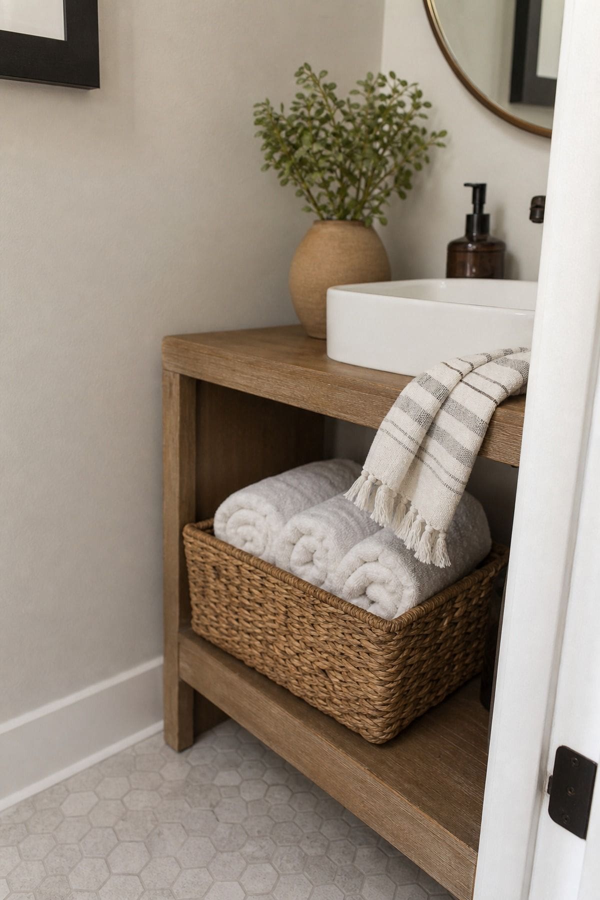 Half bathroom decor idea with display rolled hand towels in a decorative basket in a small apartment powder room.