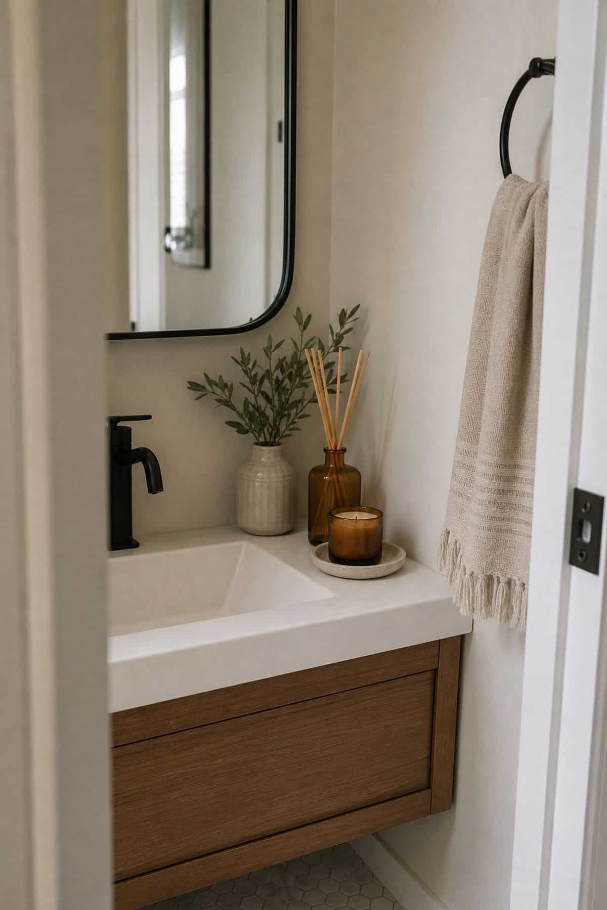 Half bathroom decor idea with set out a scented candle or a reed diffuser for fragrance in a small apartment powder room.