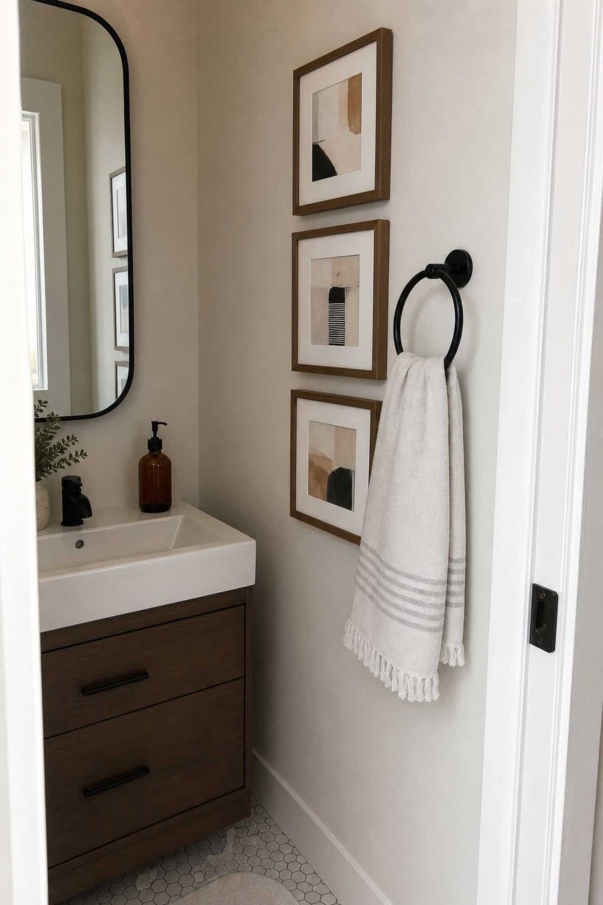 Half bathroom decor idea with hang framed artwork or a series of small prints in a small apartment powder room.