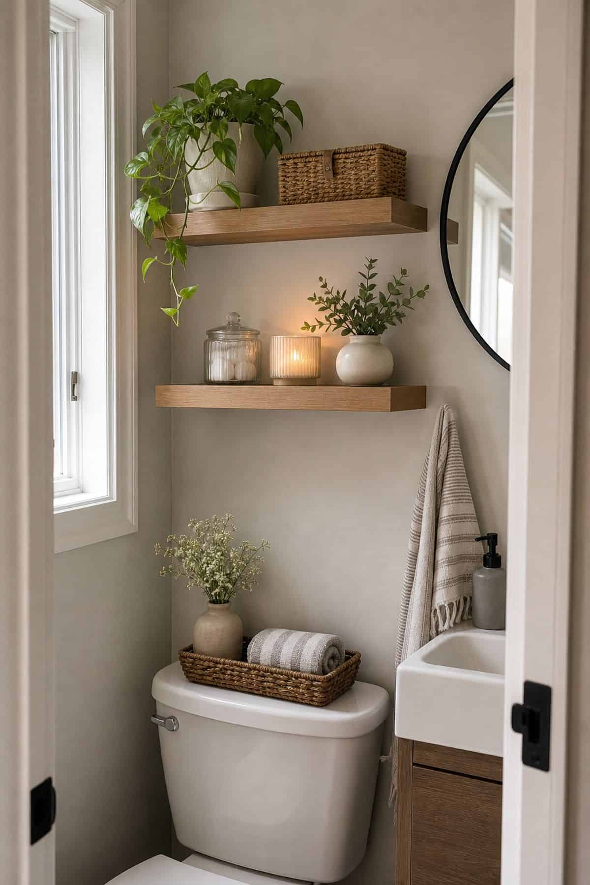 Half bathroom decor idea with mount floating shelves for extra storage and display in a small apartment powder room.