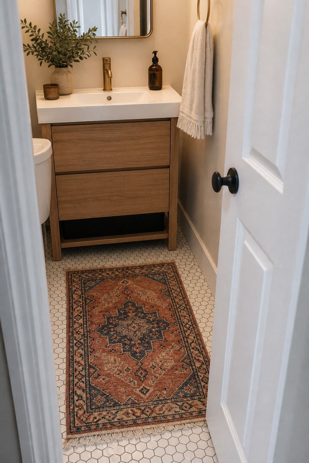 Half bathroom decor idea with use a unique or colorful rug for added texture in a small apartment powder room.
