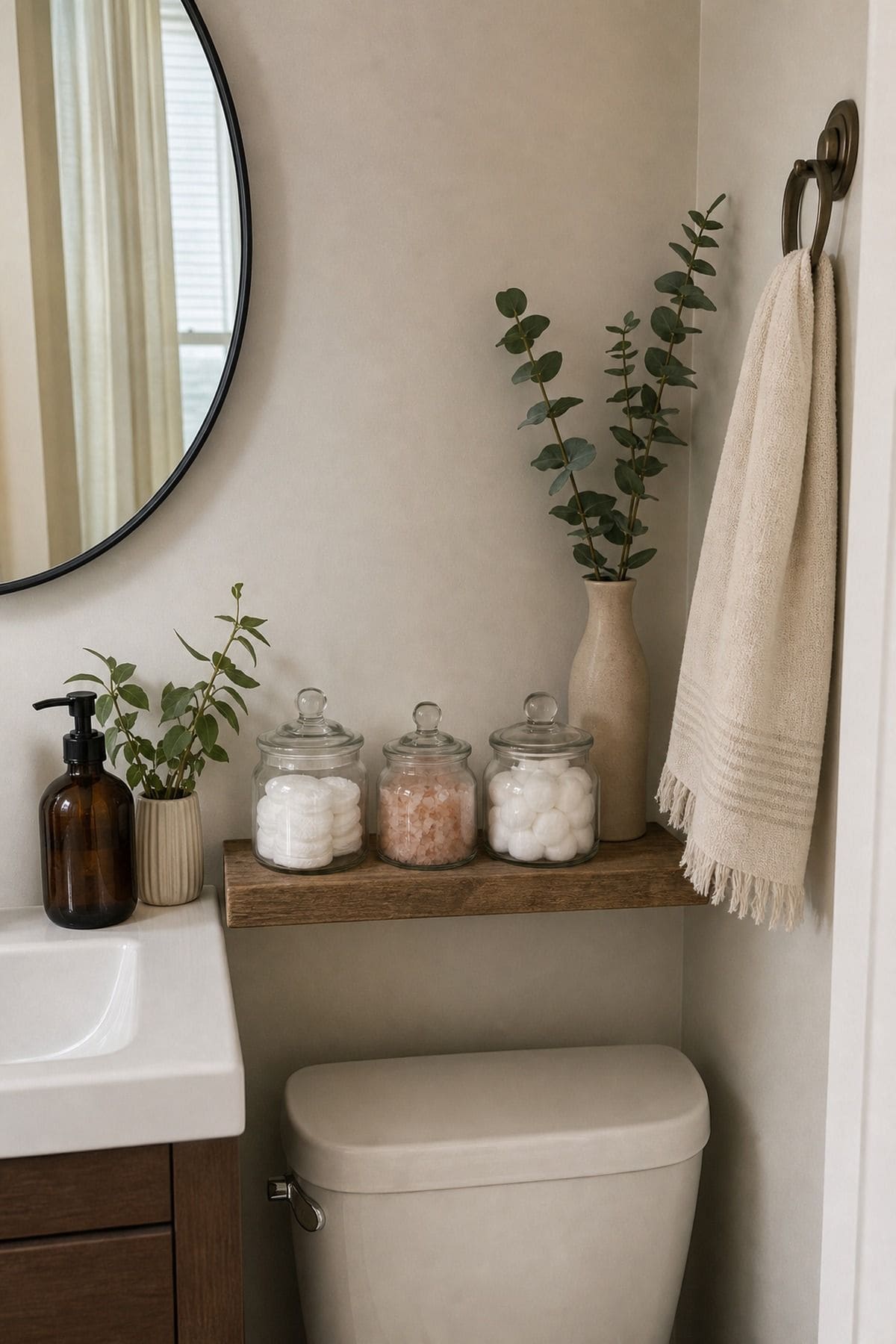 Half bathroom decor idea with store essentials in clear glass jars with lids in a small apartment powder room.