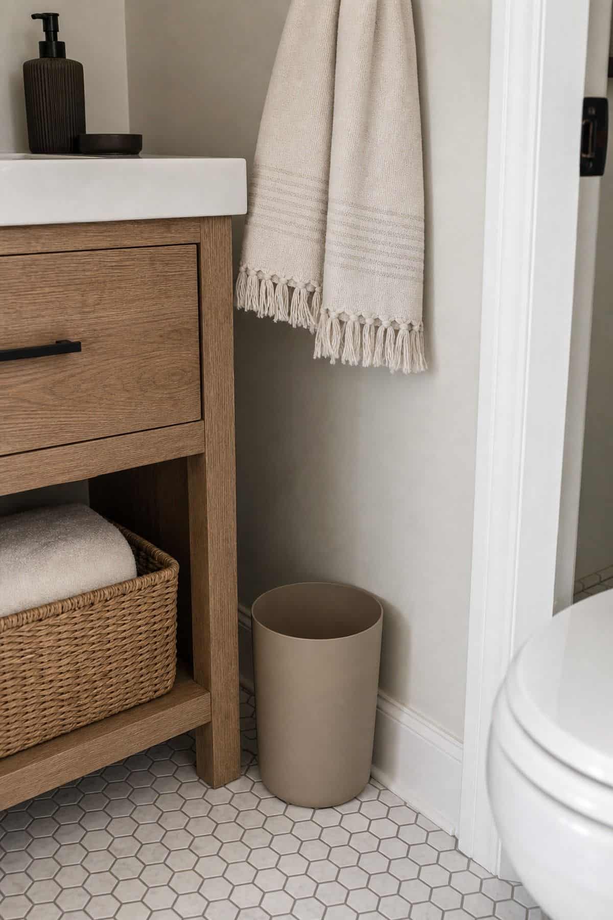 Half bathroom decor idea with choose a modern wastebasket that matches your style in a small apartment powder room.