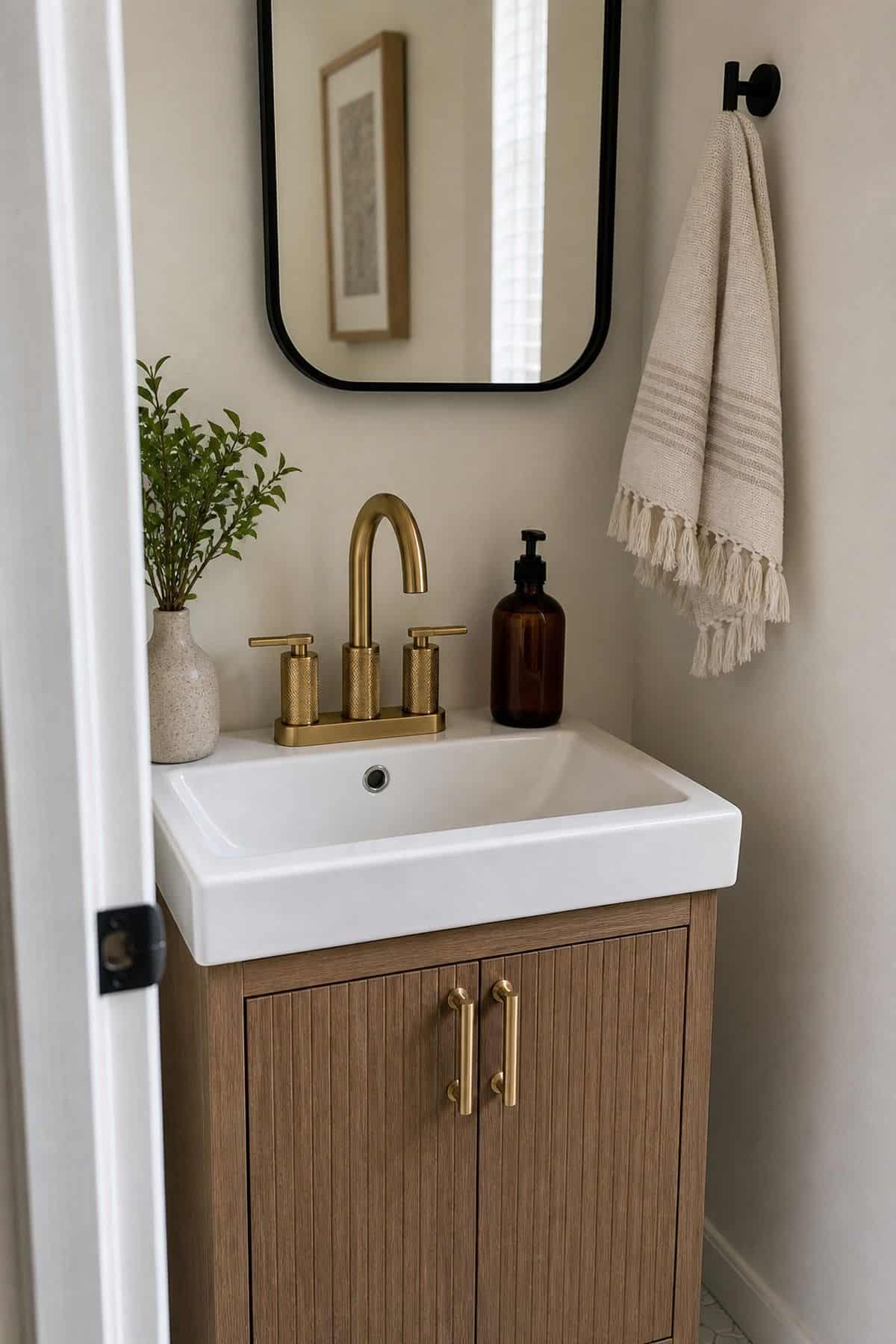 Half bathroom decor idea with incorporate a statement faucet or distinctive hardware in a small apartment powder room.