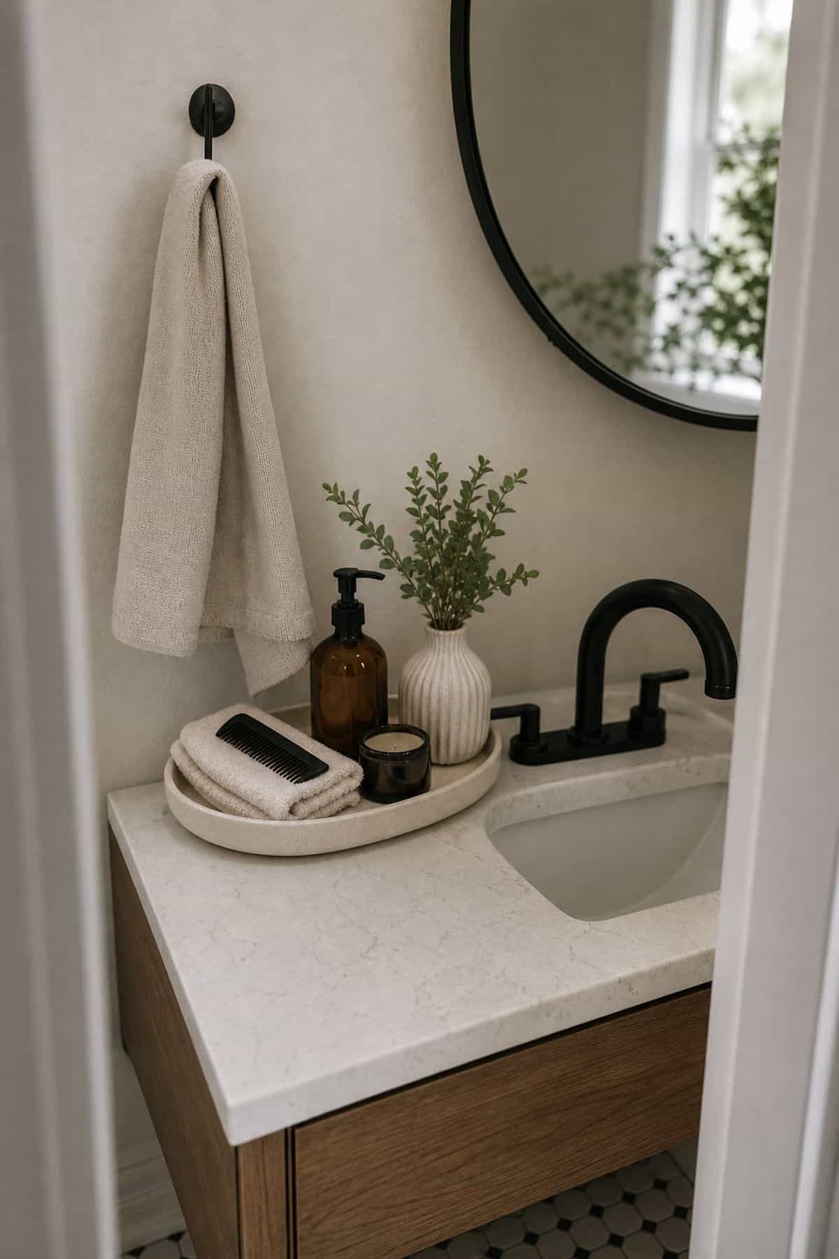 Half bathroom decor idea with add a decorative tray to organize toiletries in a small apartment powder room.