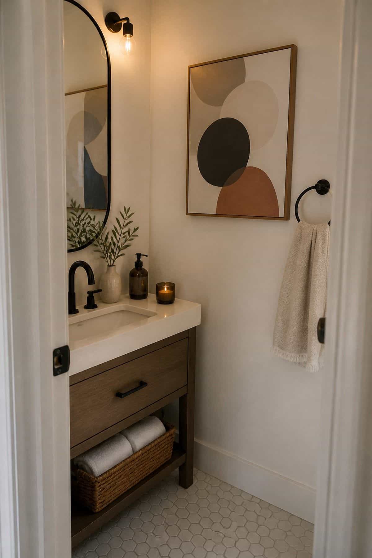 Half bathroom decor idea with feature a playful or elegant wall sign for personality in a small apartment powder room.