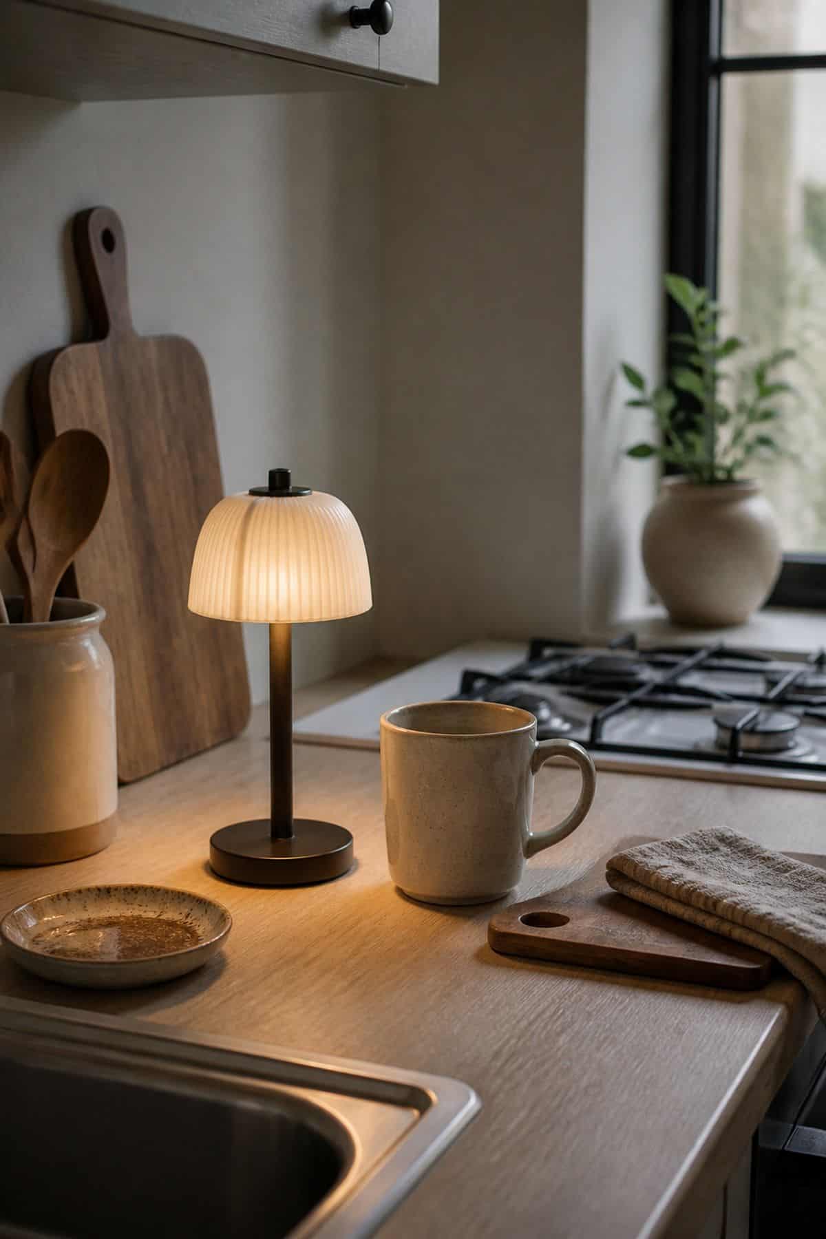 Small Rechargeable Table Lamp on a small apartment kitchen counter