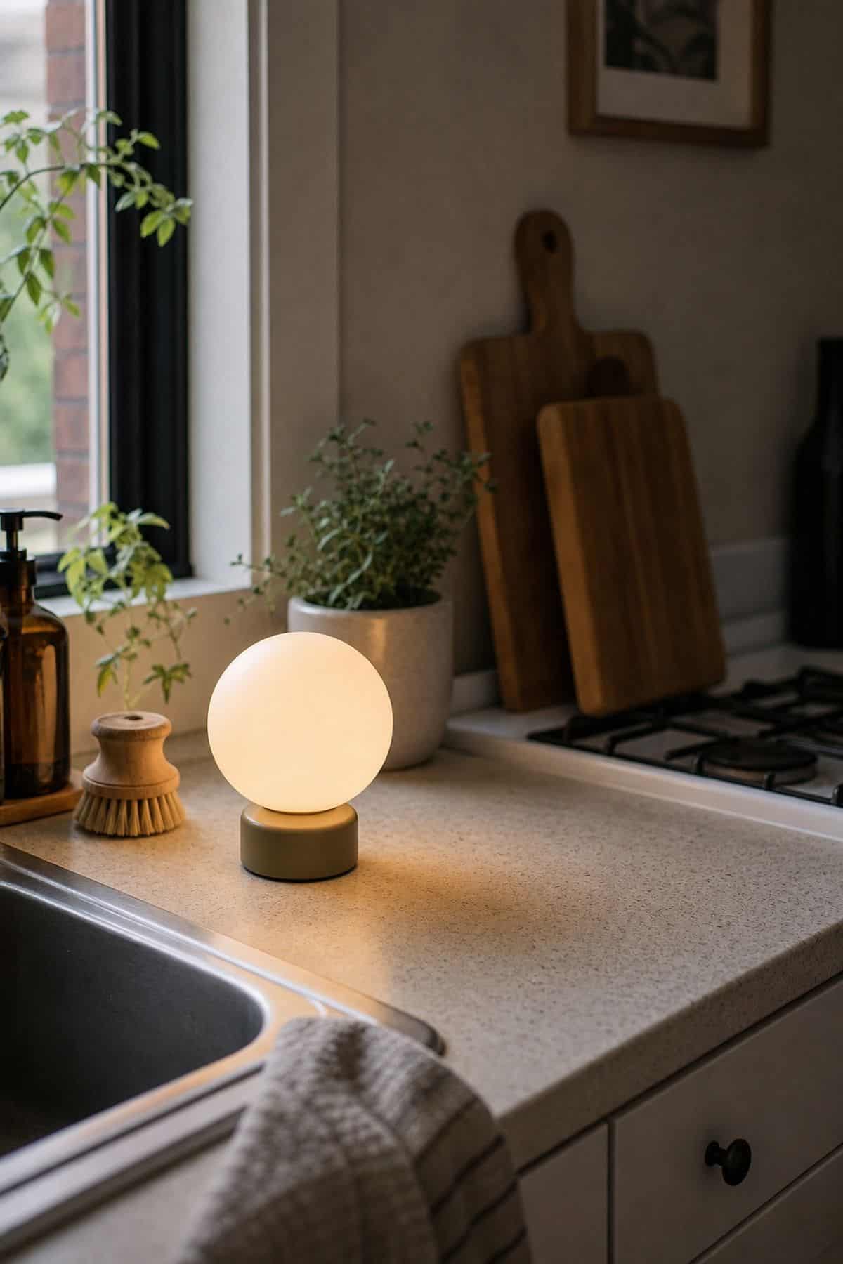 Globe Cordless Lamp on a small apartment kitchen counter