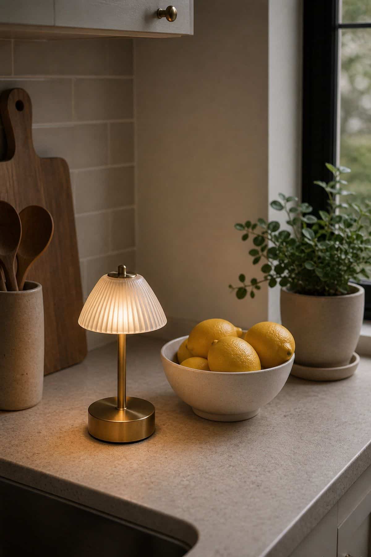 Mini Brass Buffet Lamp on a small apartment kitchen counter