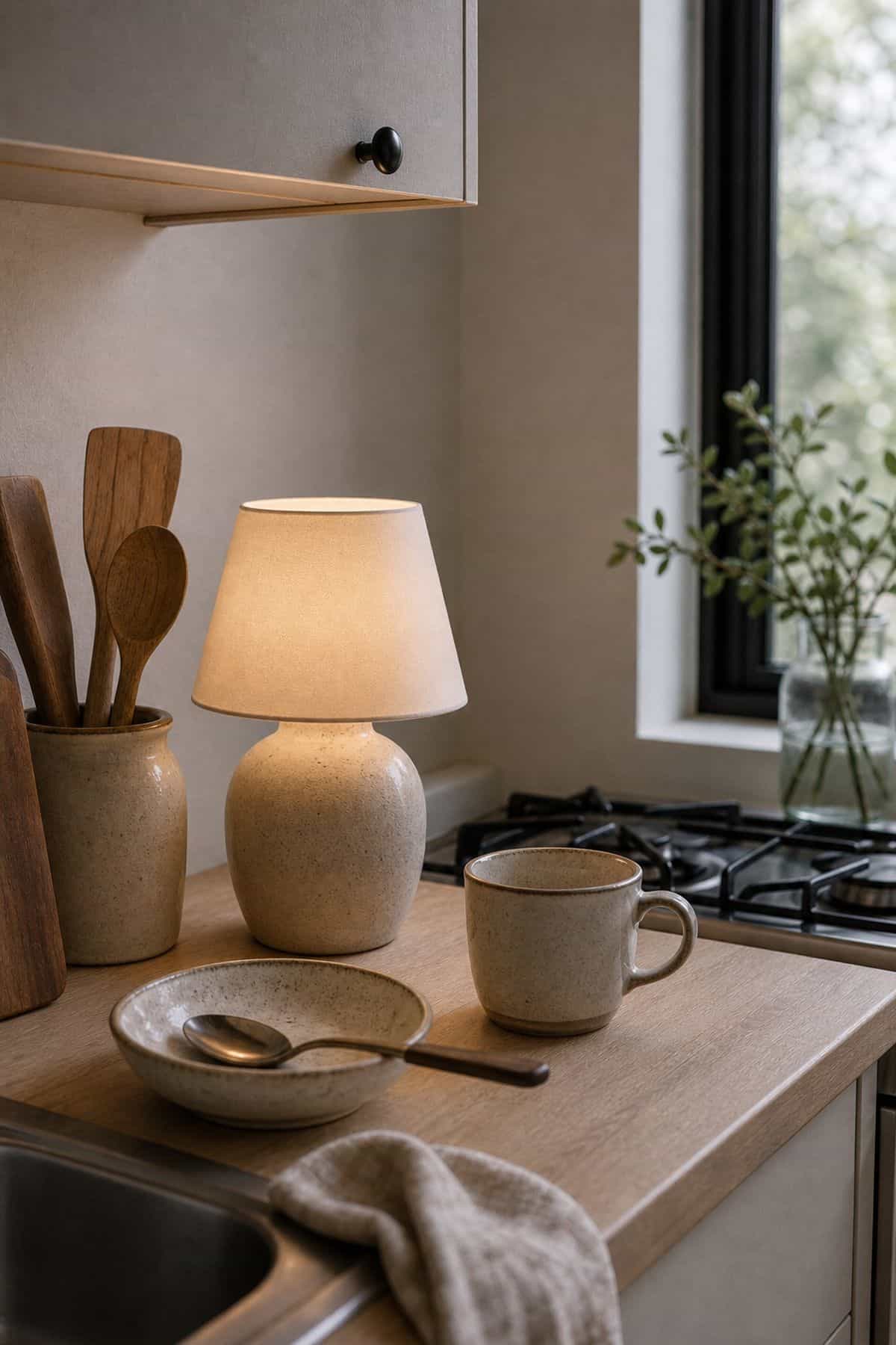 Ceramic Vase-Style Lamp on a small apartment kitchen counter