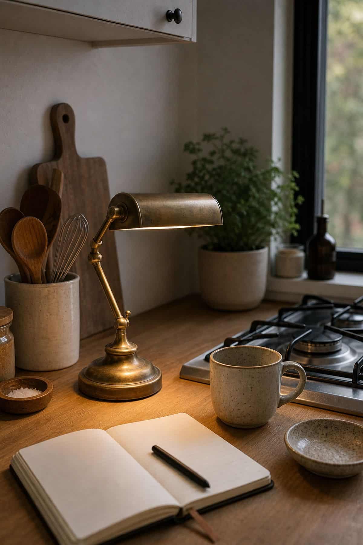 Vintage Brass Pharmacy Lamp on a small apartment kitchen counter