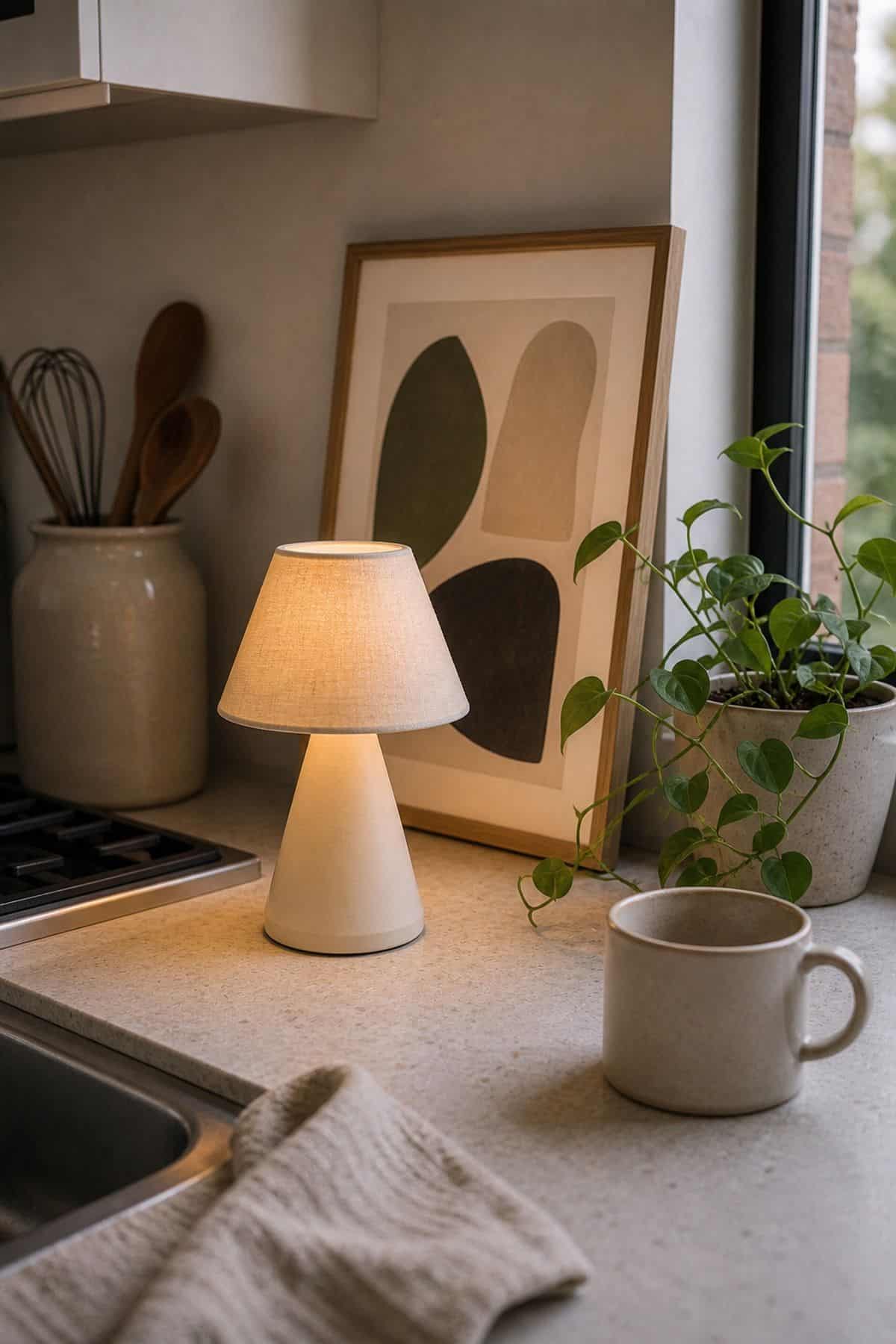Lamp Plus Framed Art on a small apartment kitchen counter