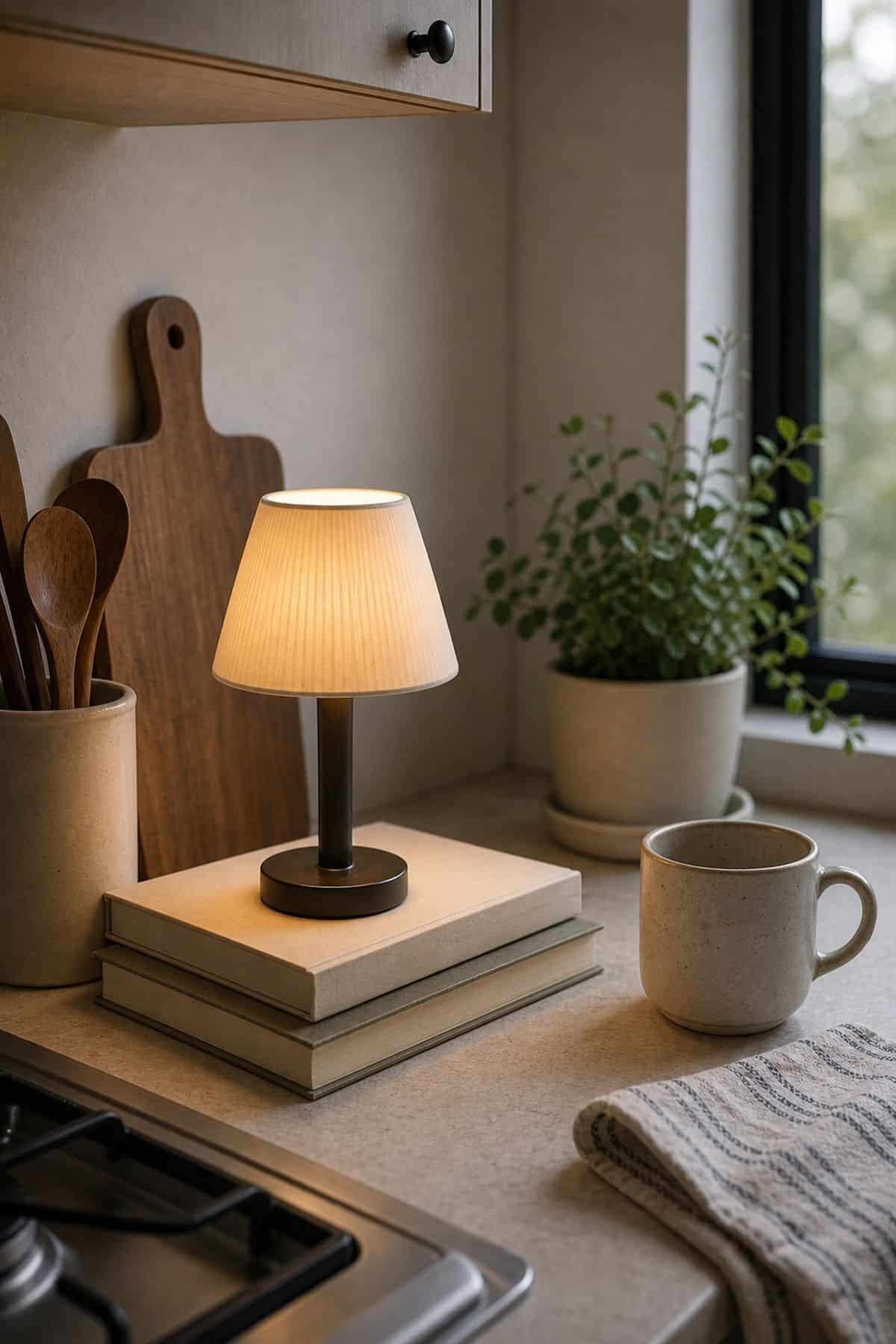 Lamp Plus Cookbook Stack on a small apartment kitchen counter