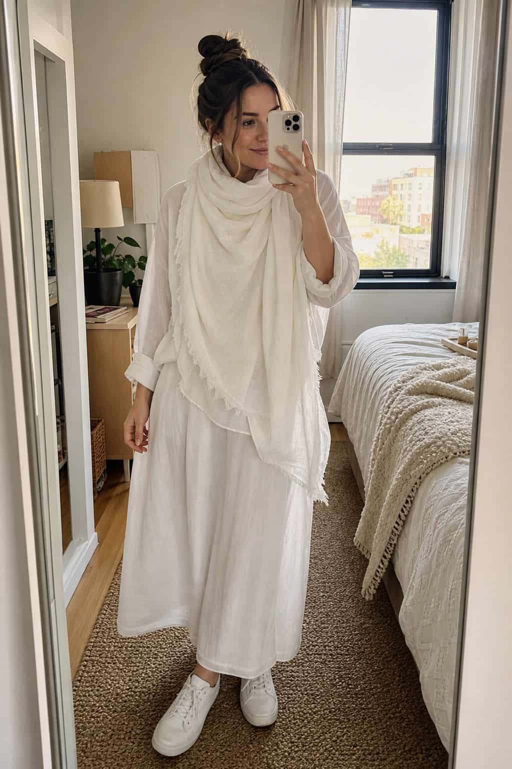 A Ghost in All White last minute Halloween costume idea in a small apartment