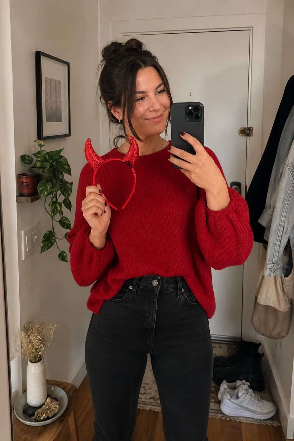 A Devil With Closet Red or Black last minute Halloween costume idea in a small apartment