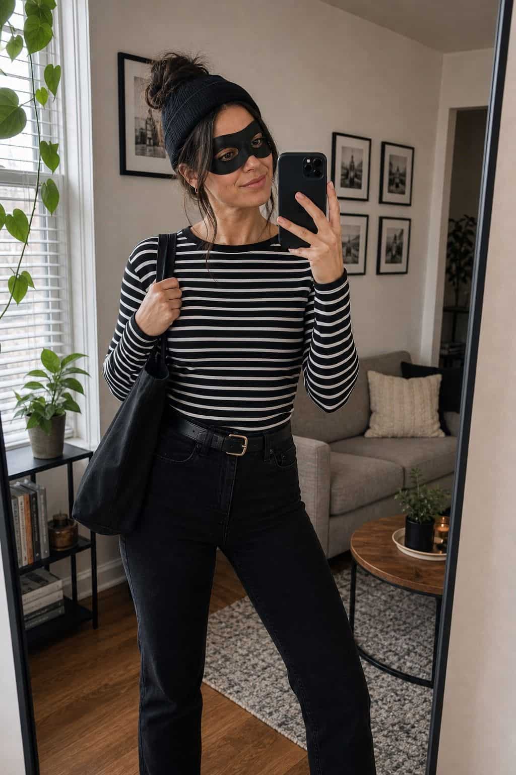 A Cat Burglar With a Small Mask last minute Halloween costume idea in a small apartment