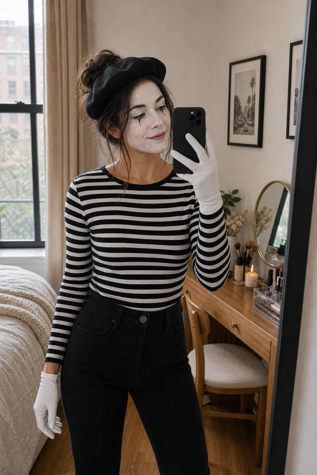 A Mime With White Face Paint last minute Halloween costume idea in a small apartment