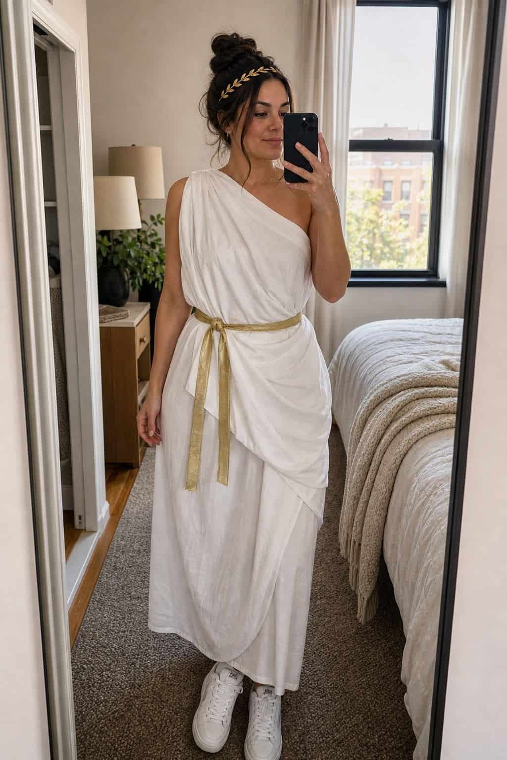 A Greek Goddess in a Bedsheet last minute Halloween costume idea in a small apartment