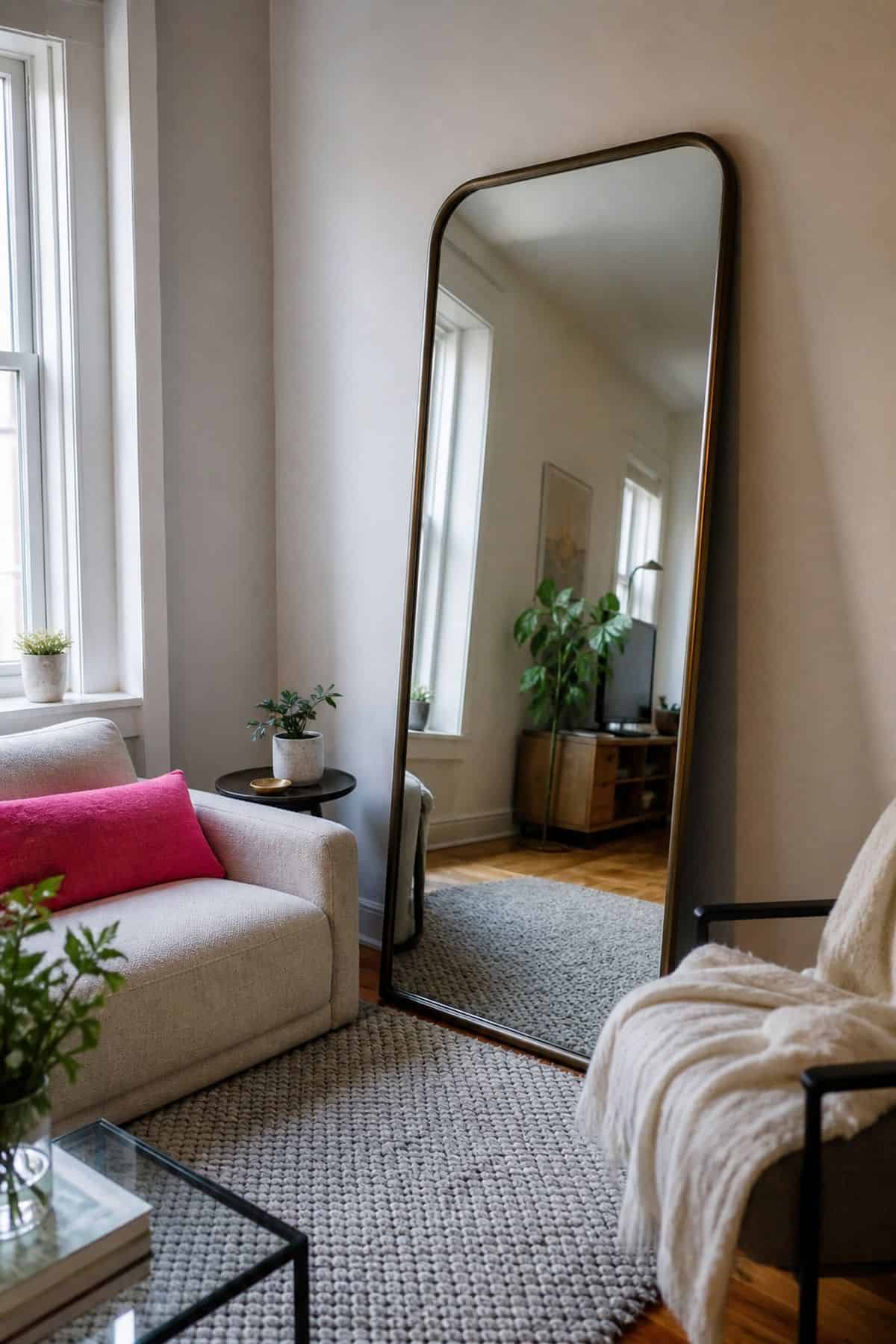 A tall floor leaner mirror in a small apartment living room