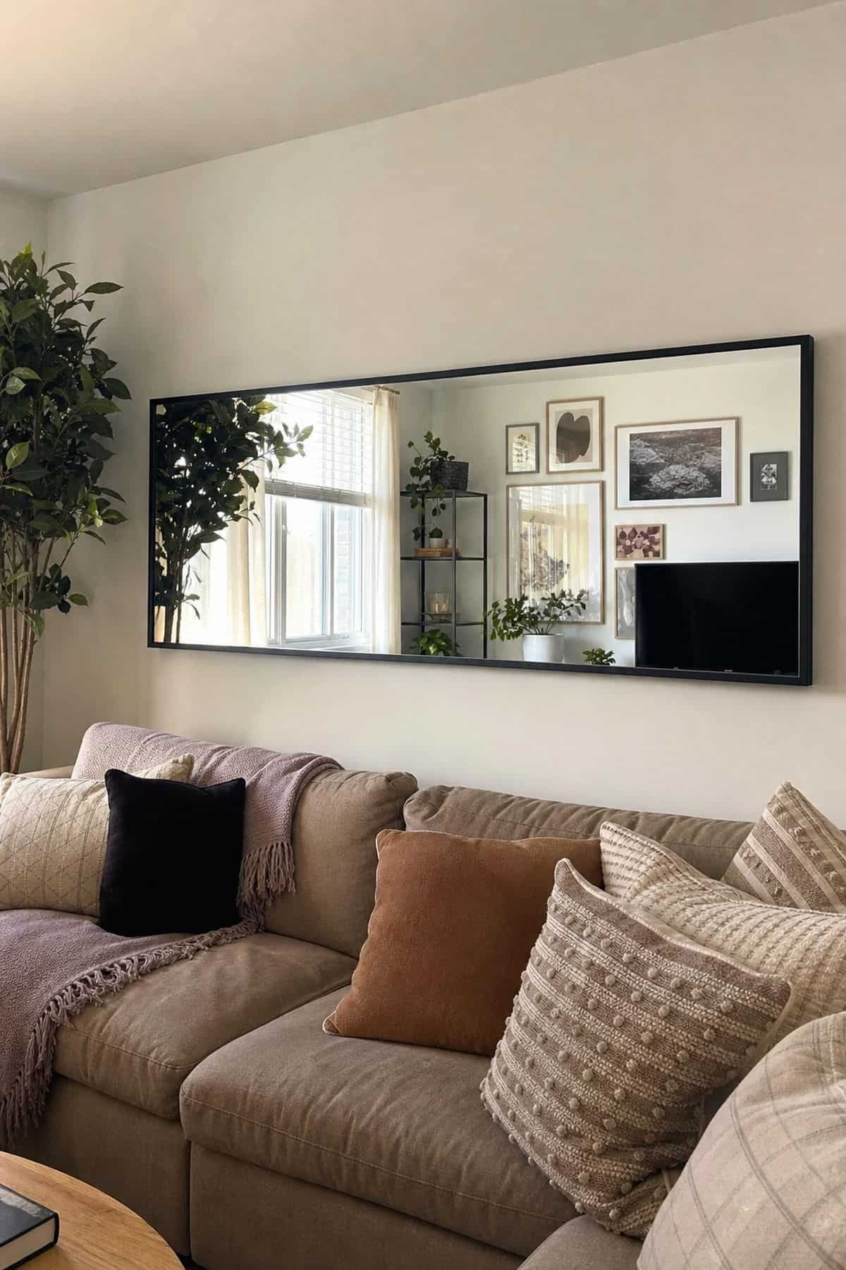 A horizontal mirror behind a sofa in a small apartment living room
