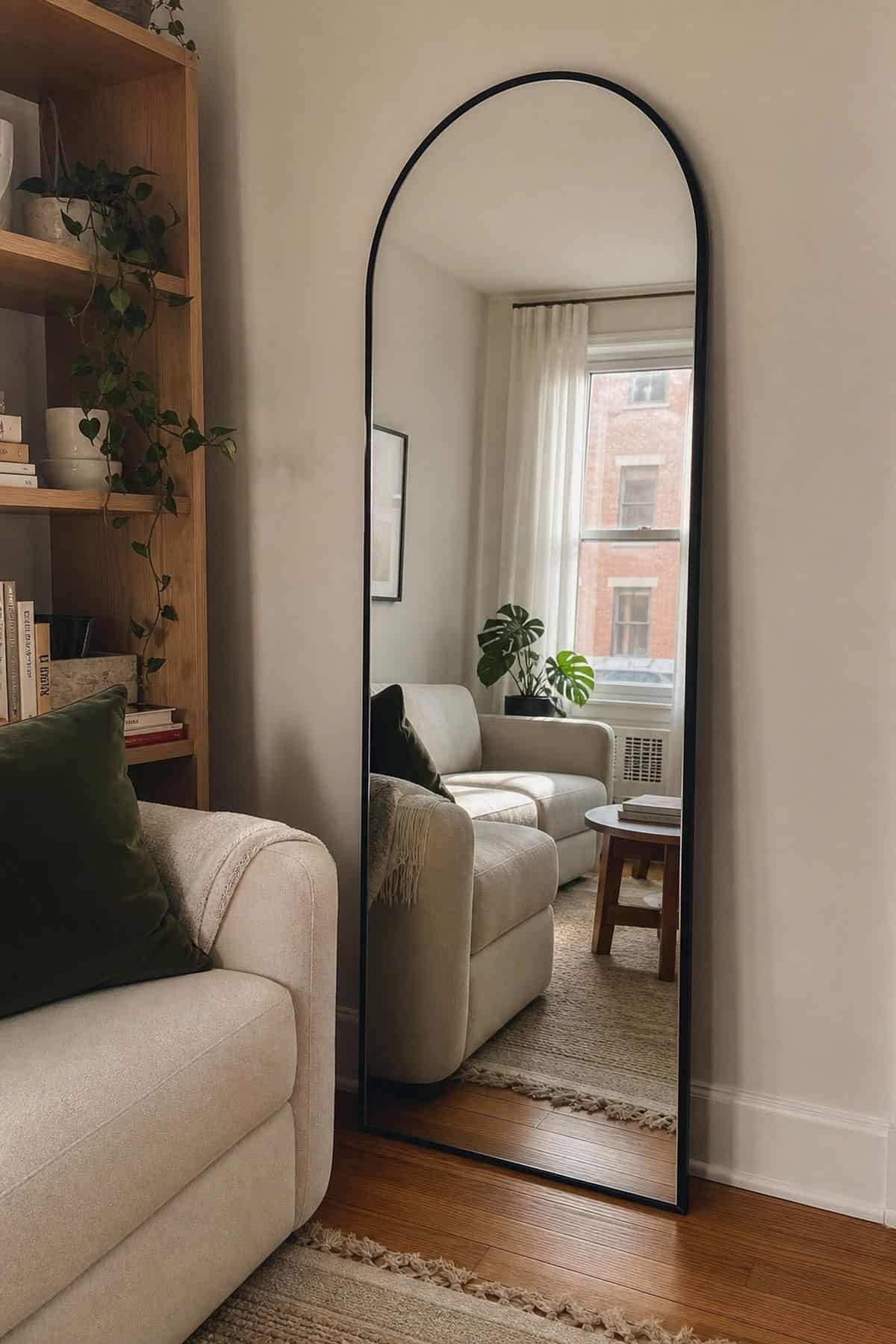 A full-height arched mirror in a small apartment living room