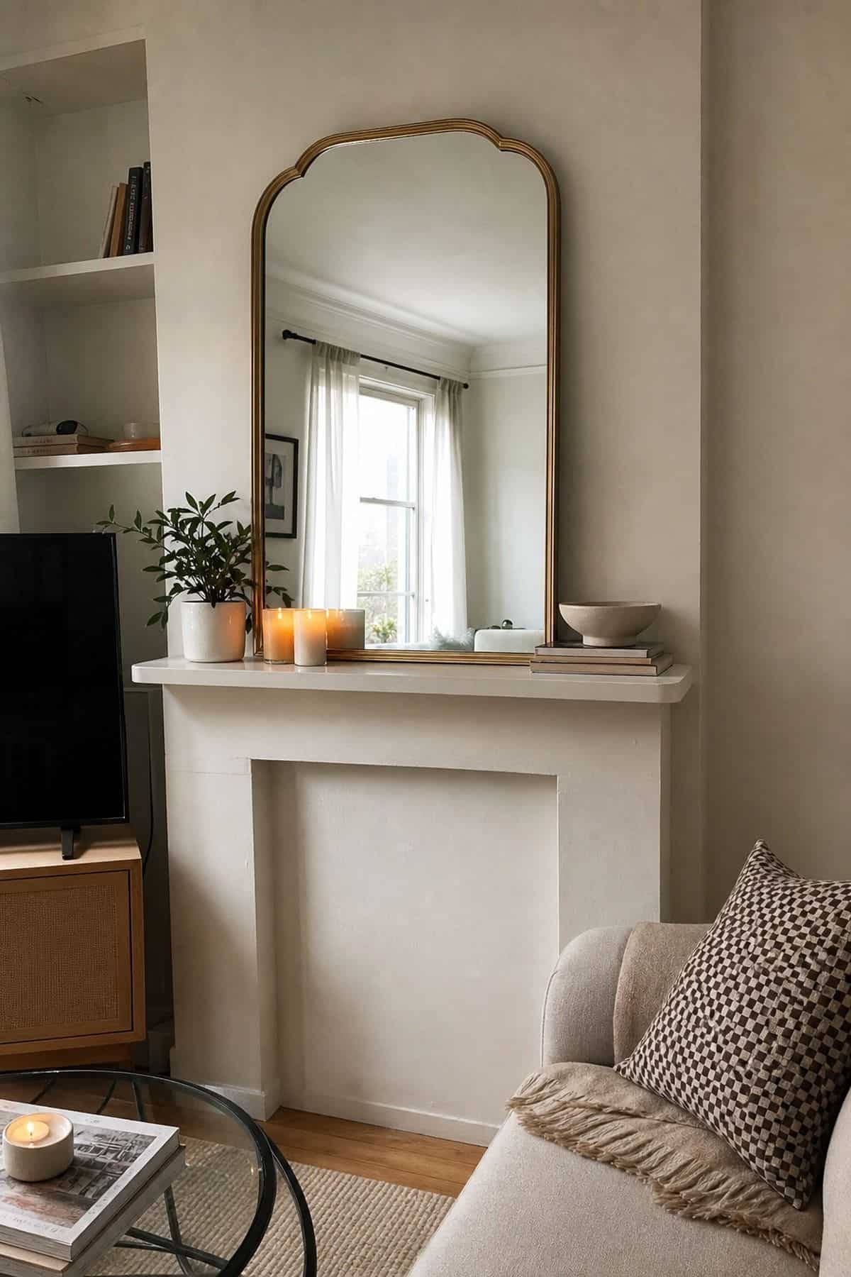 A mirror above a mantel in a small apartment living room