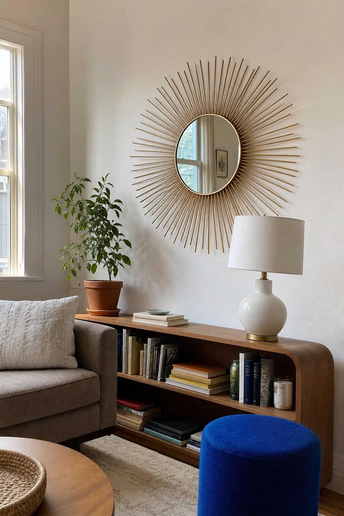 A sunburst mirror above a console in a small apartment living room