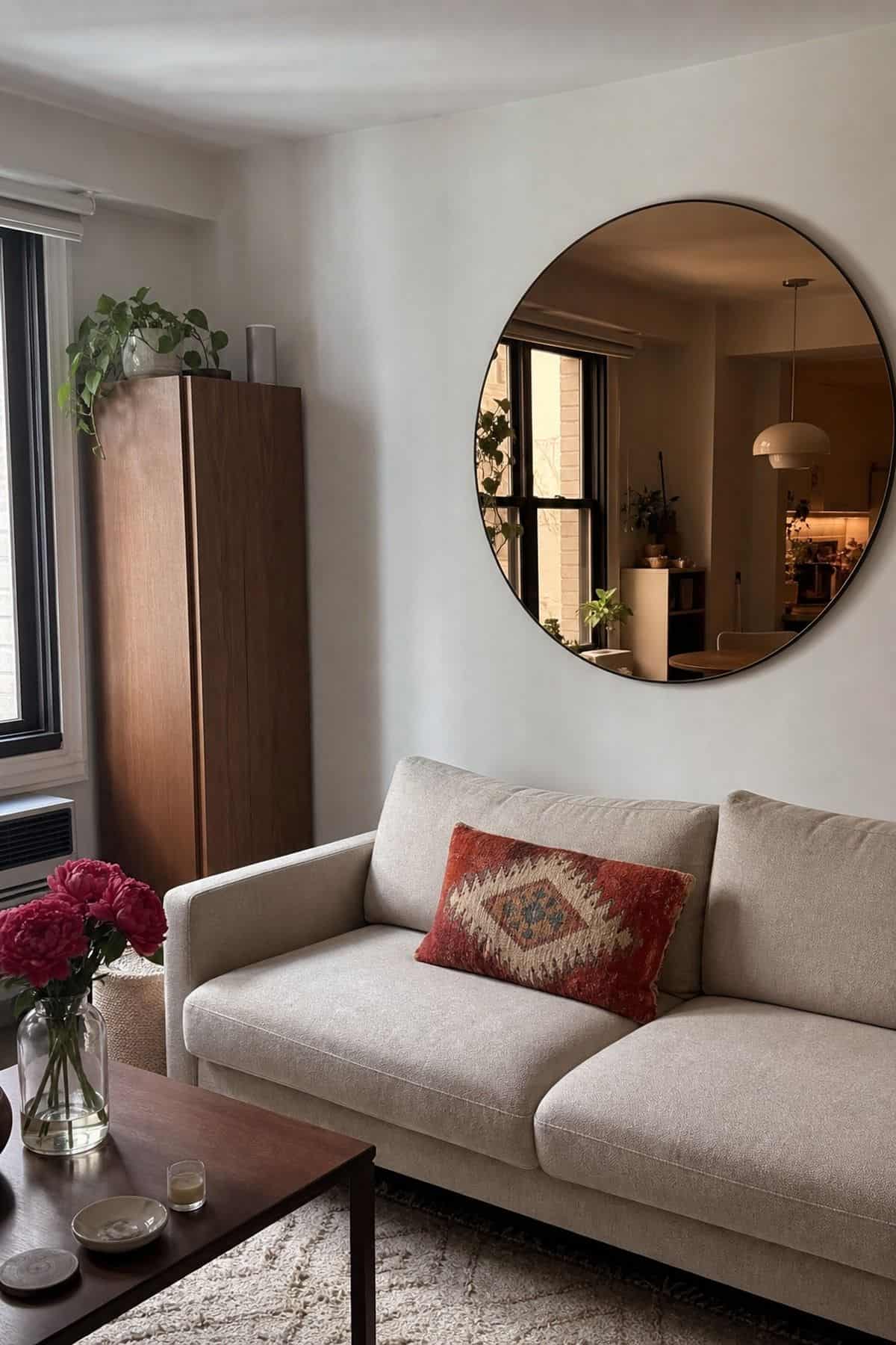 A smoky bronze-tinted mirror in a small apartment living room