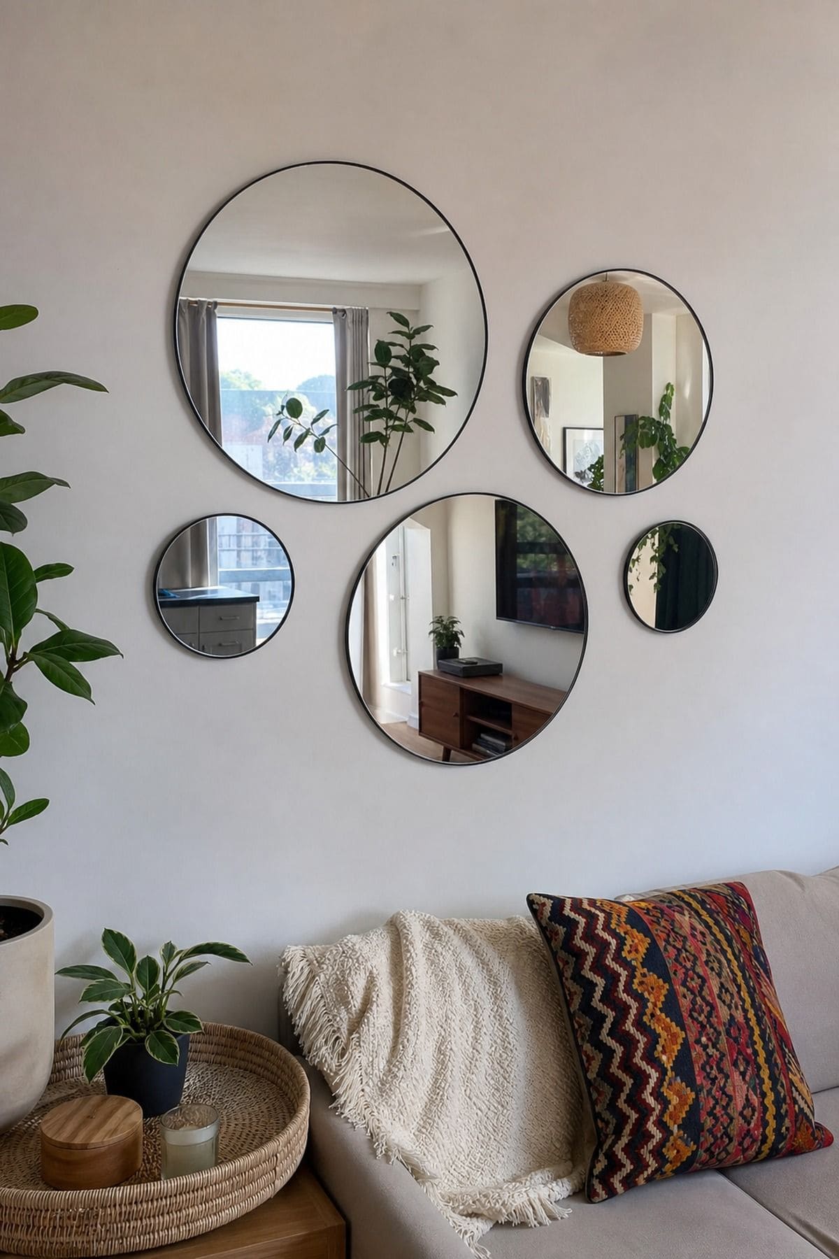 A cluster of round mirrors on a small apartment living room wall