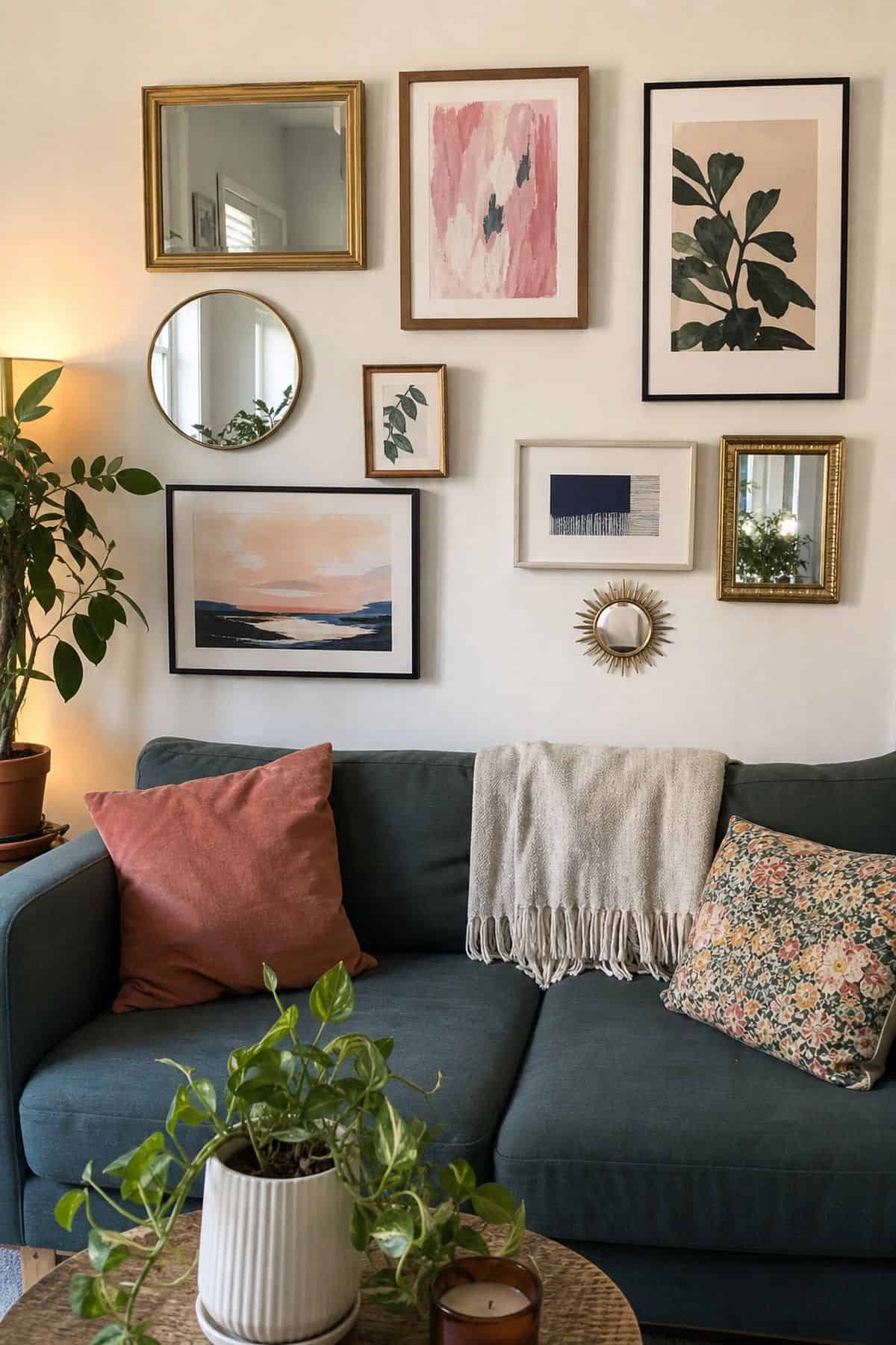 A gallery wall with mirrors and art in a small apartment living room