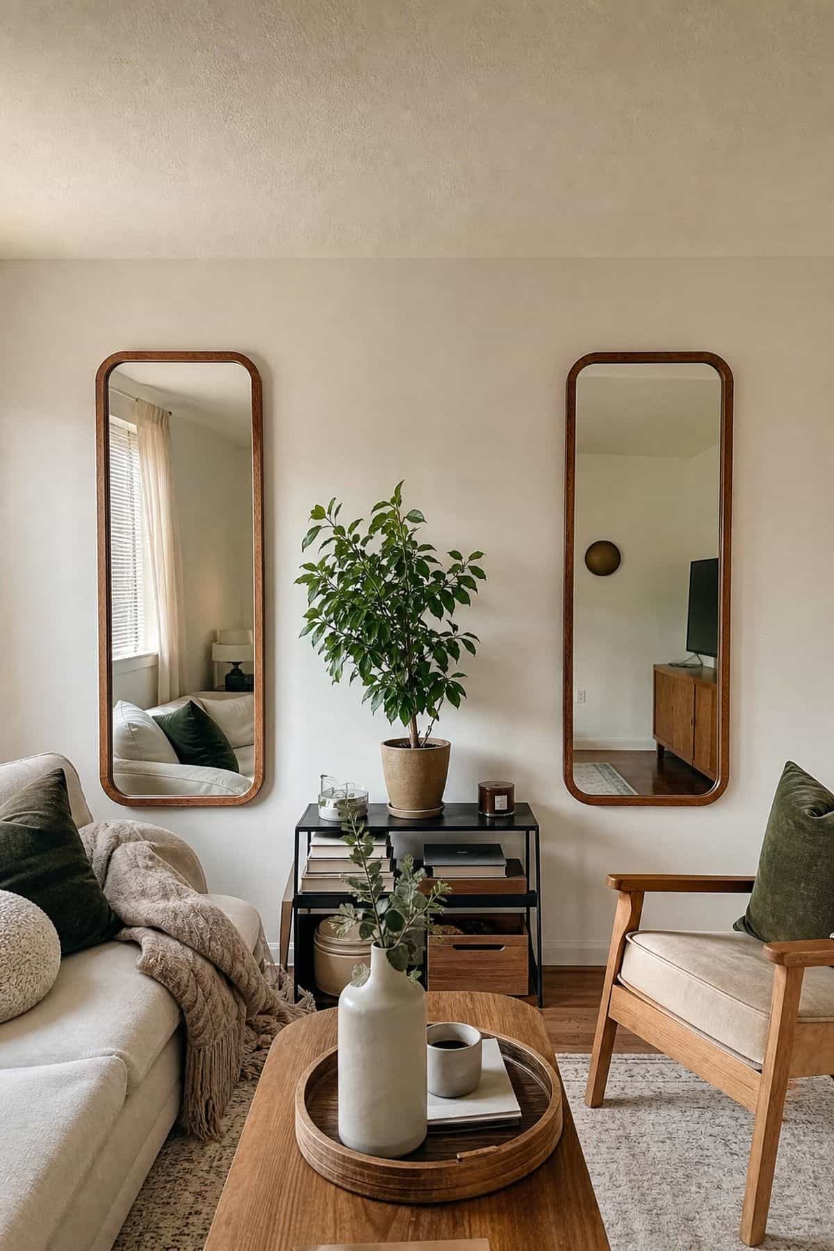 A symmetric pair of mirrors in a small apartment living room