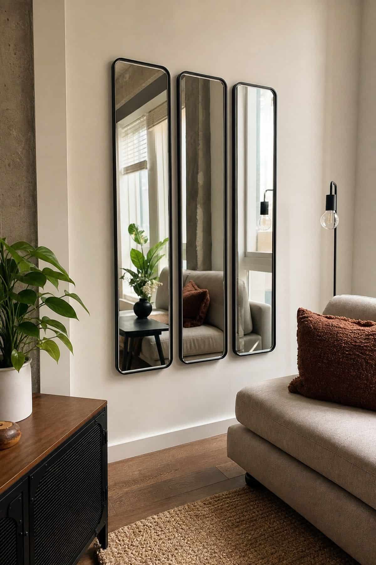 A trio of vertical mirrors in a small apartment living room