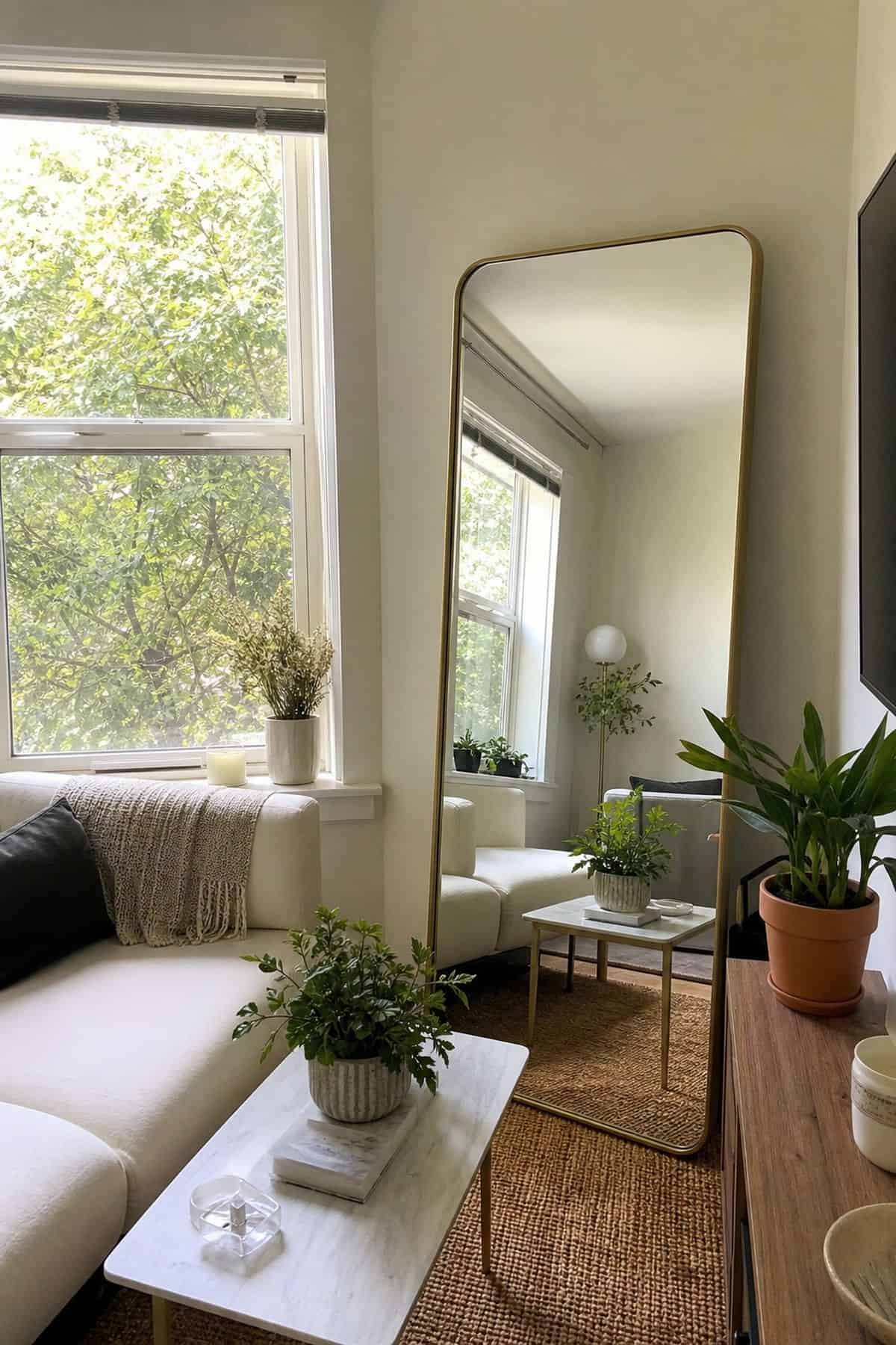 A mirror across from the largest window in a small apartment living room