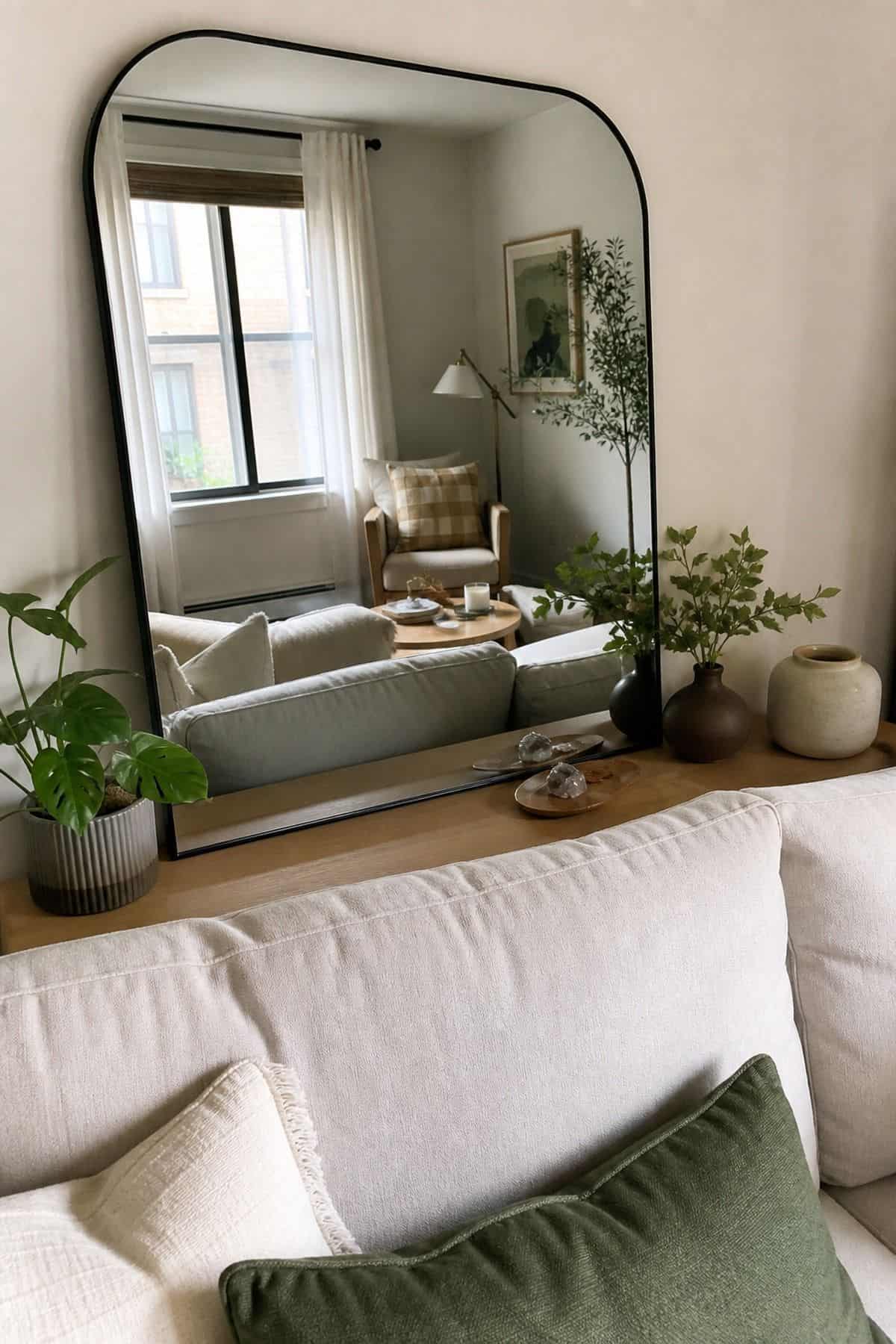A mirror behind a sofa for depth in a small apartment living room