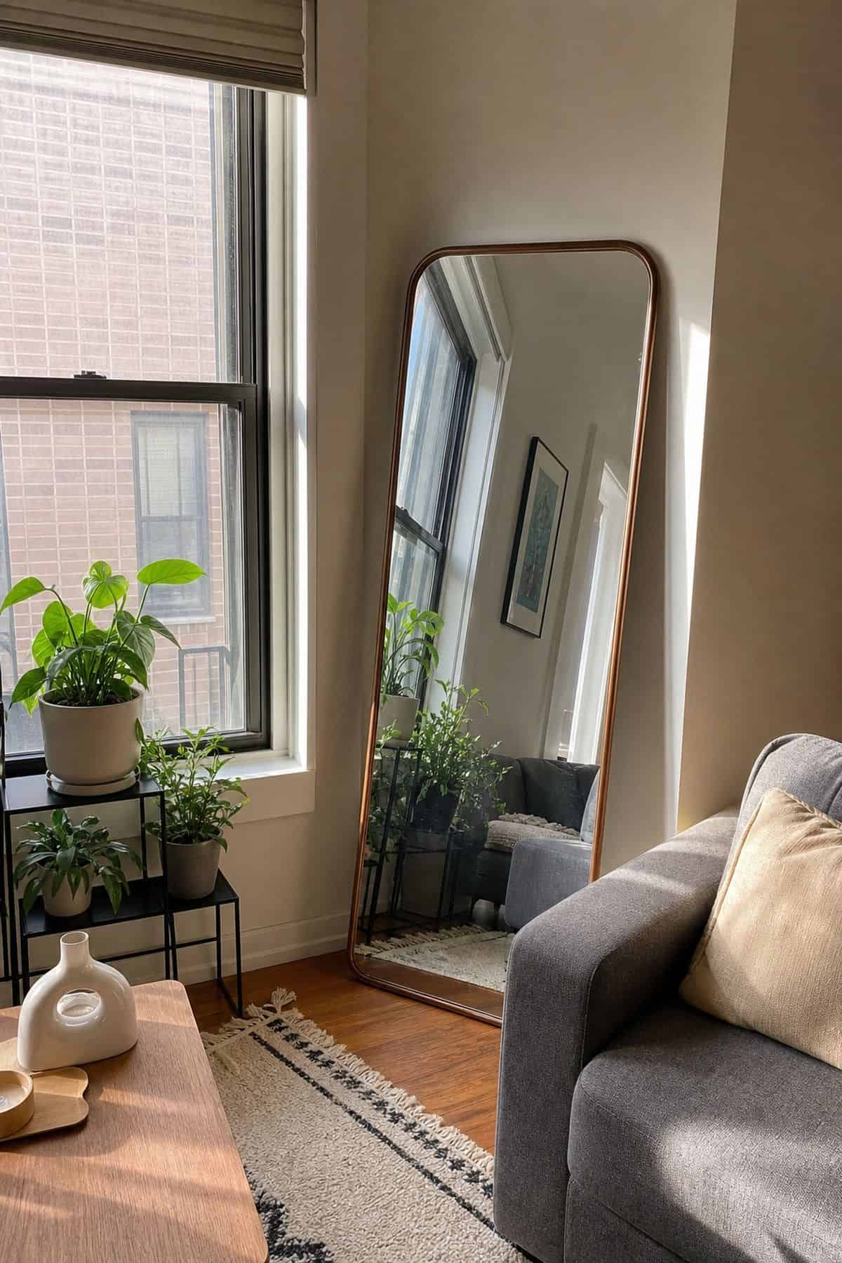 A mirror near a window for cross-light in a small apartment living room