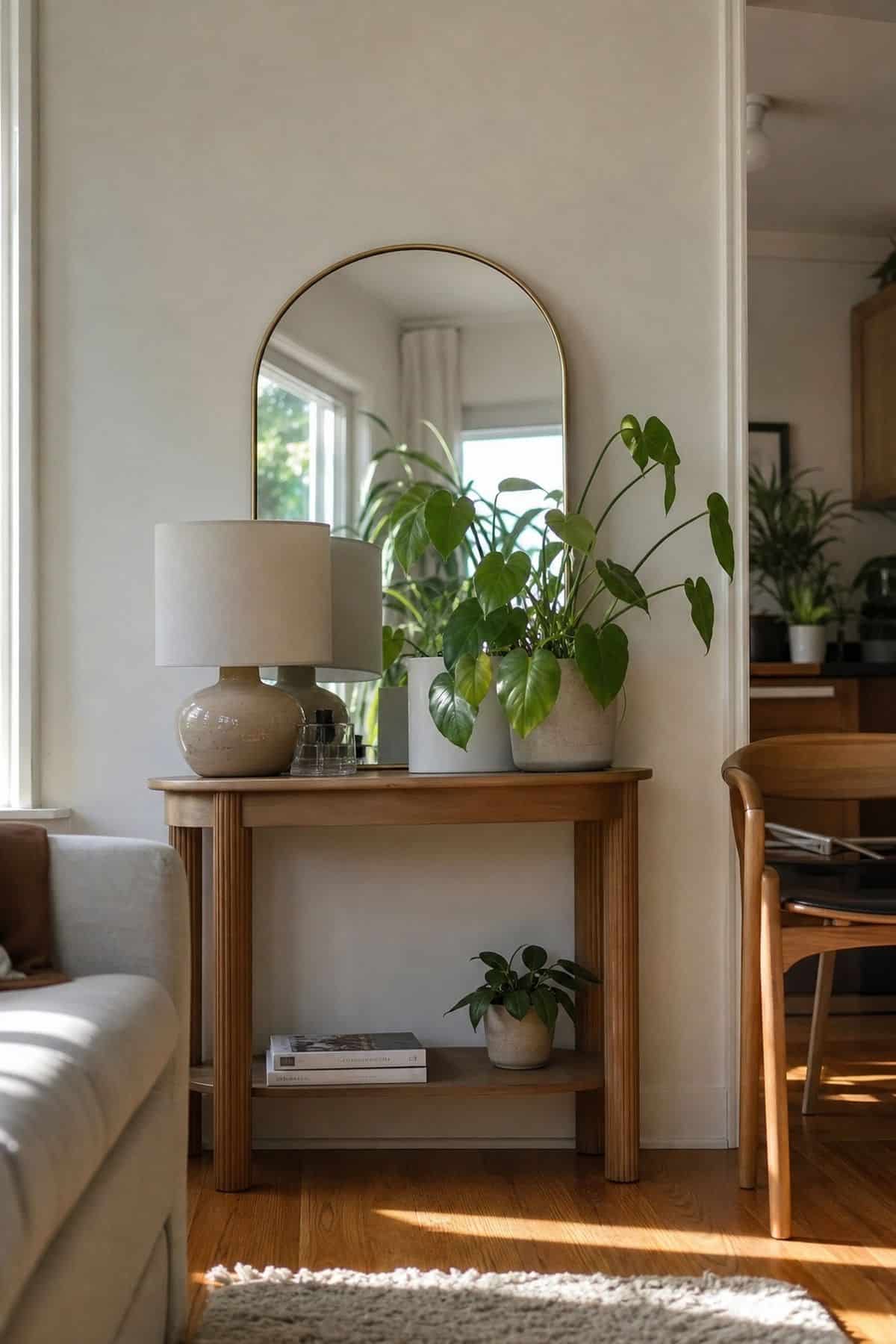 A mirror behind plants and a lamp in a small apartment living room