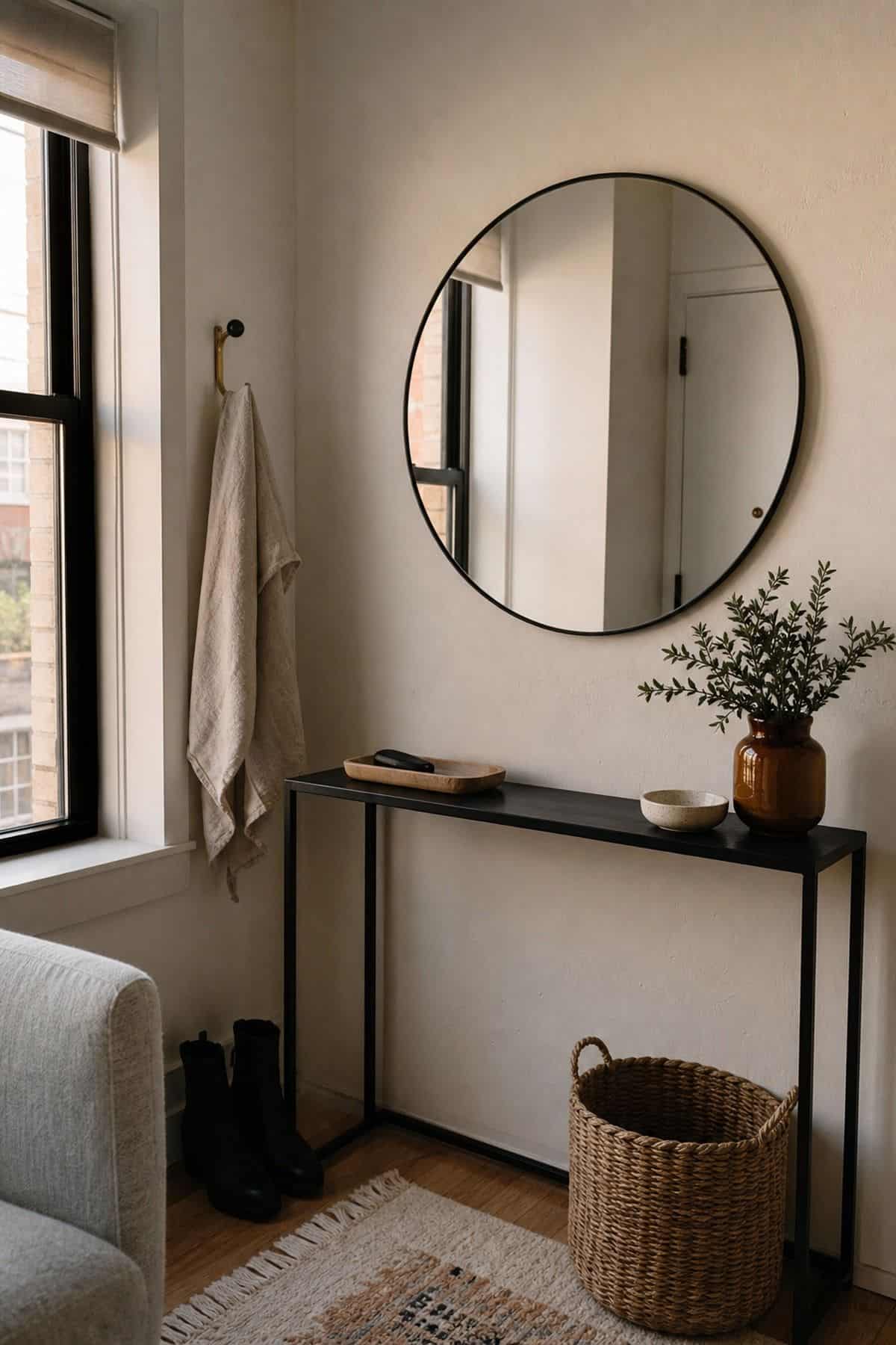 Round Mirror mirror wall decor idea in a small apartment
