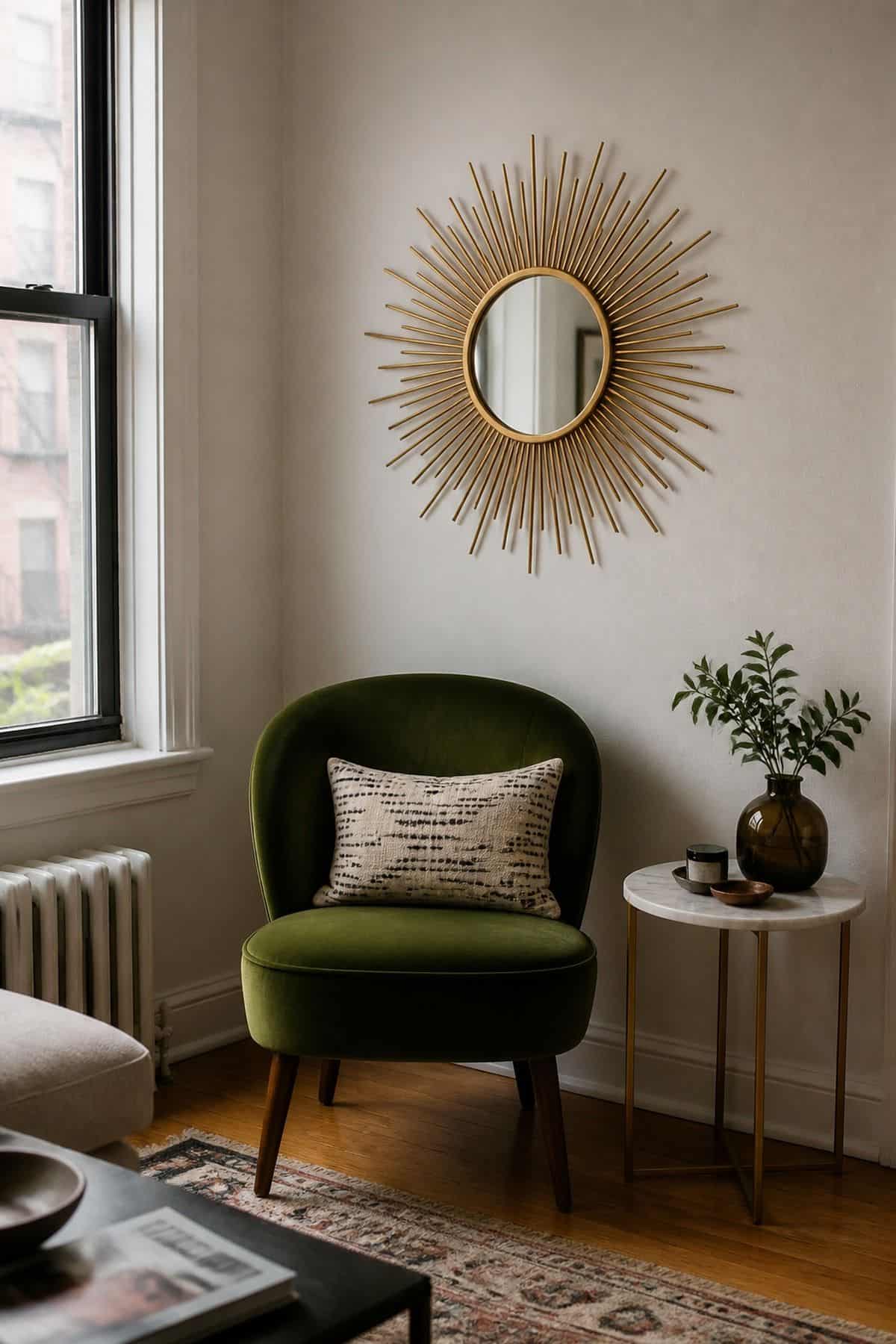 Sunburst Mirror mirror wall decor idea in a small apartment