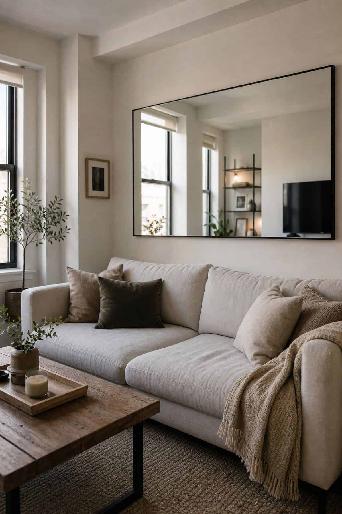 Oversized Rectangular mirror wall decor idea in a small apartment