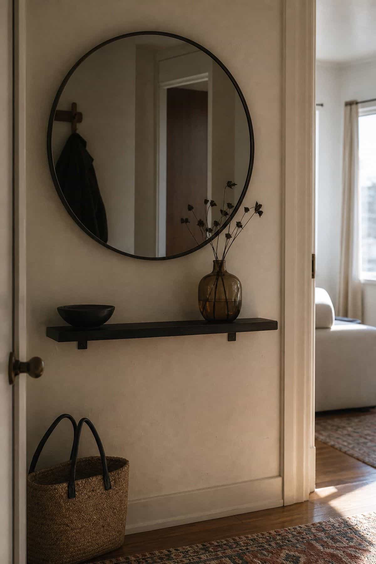 Smoky or Tinted mirror wall decor idea in a small apartment