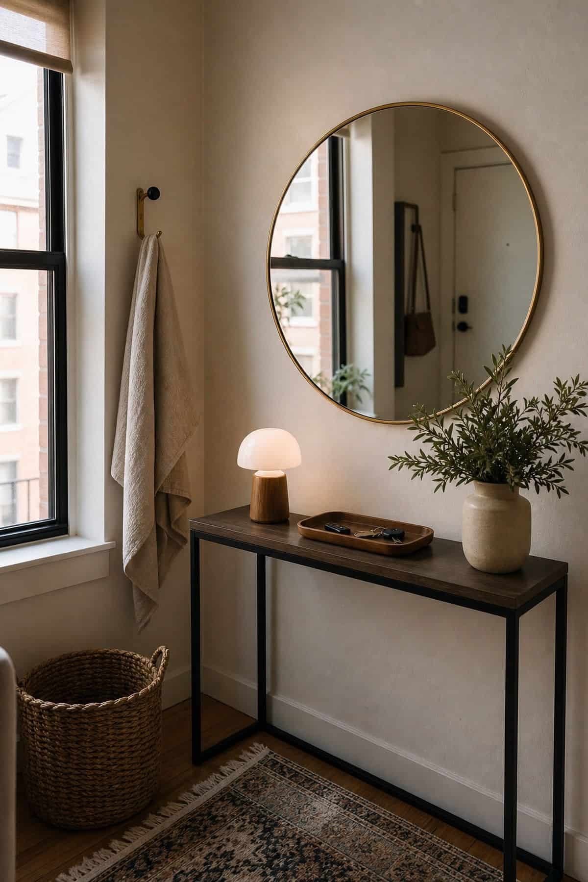 Gold or Brass mirror wall decor idea in a small apartment