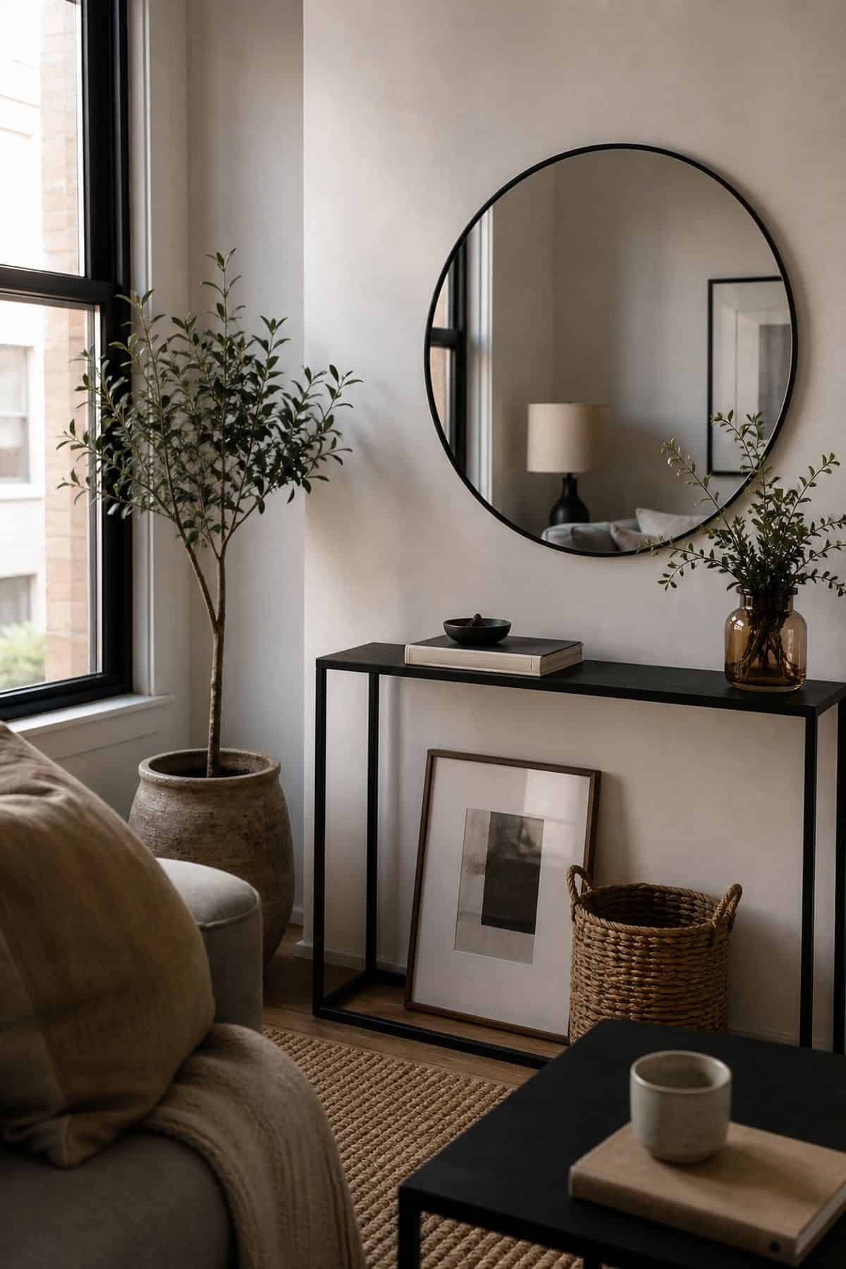 Black Metal mirror wall decor idea in a small apartment