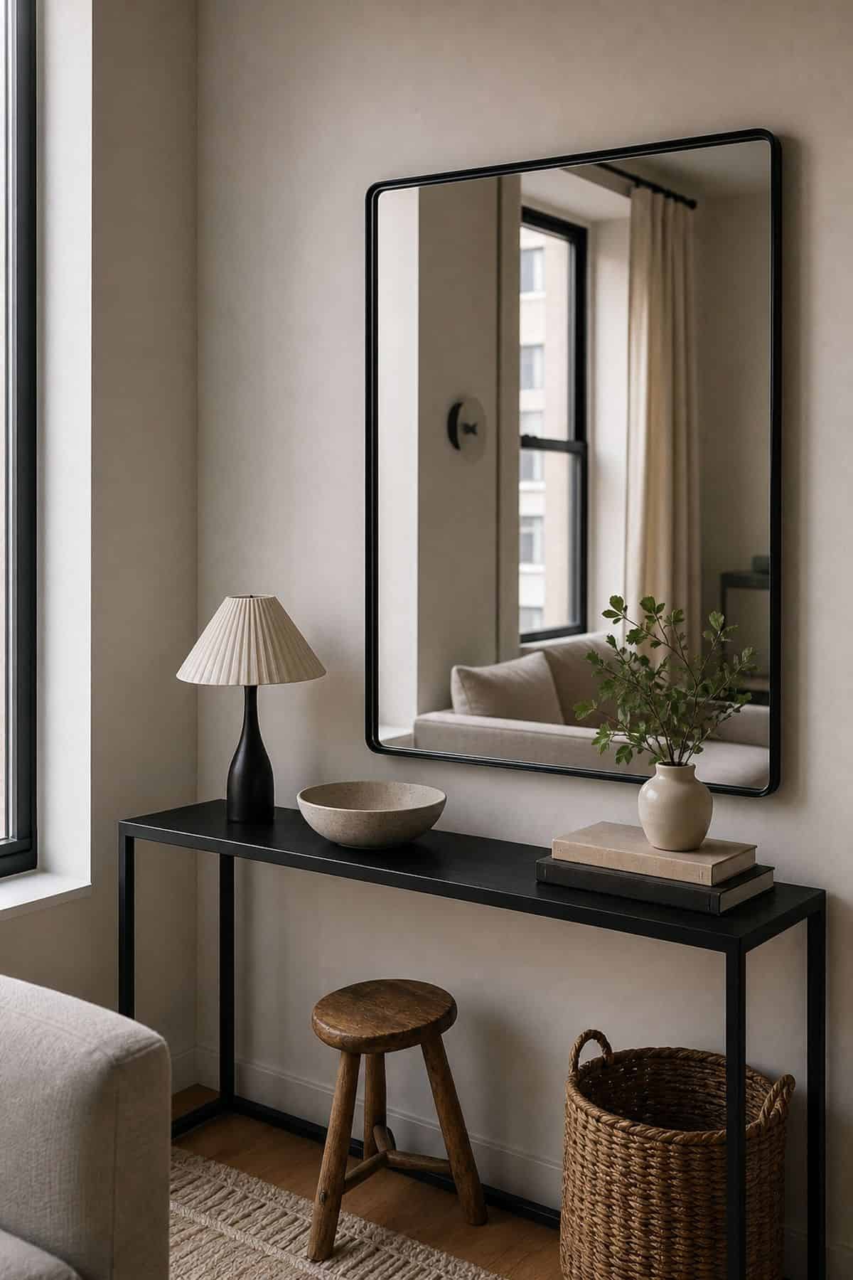 Above a Console mirror wall decor idea in a small apartment
