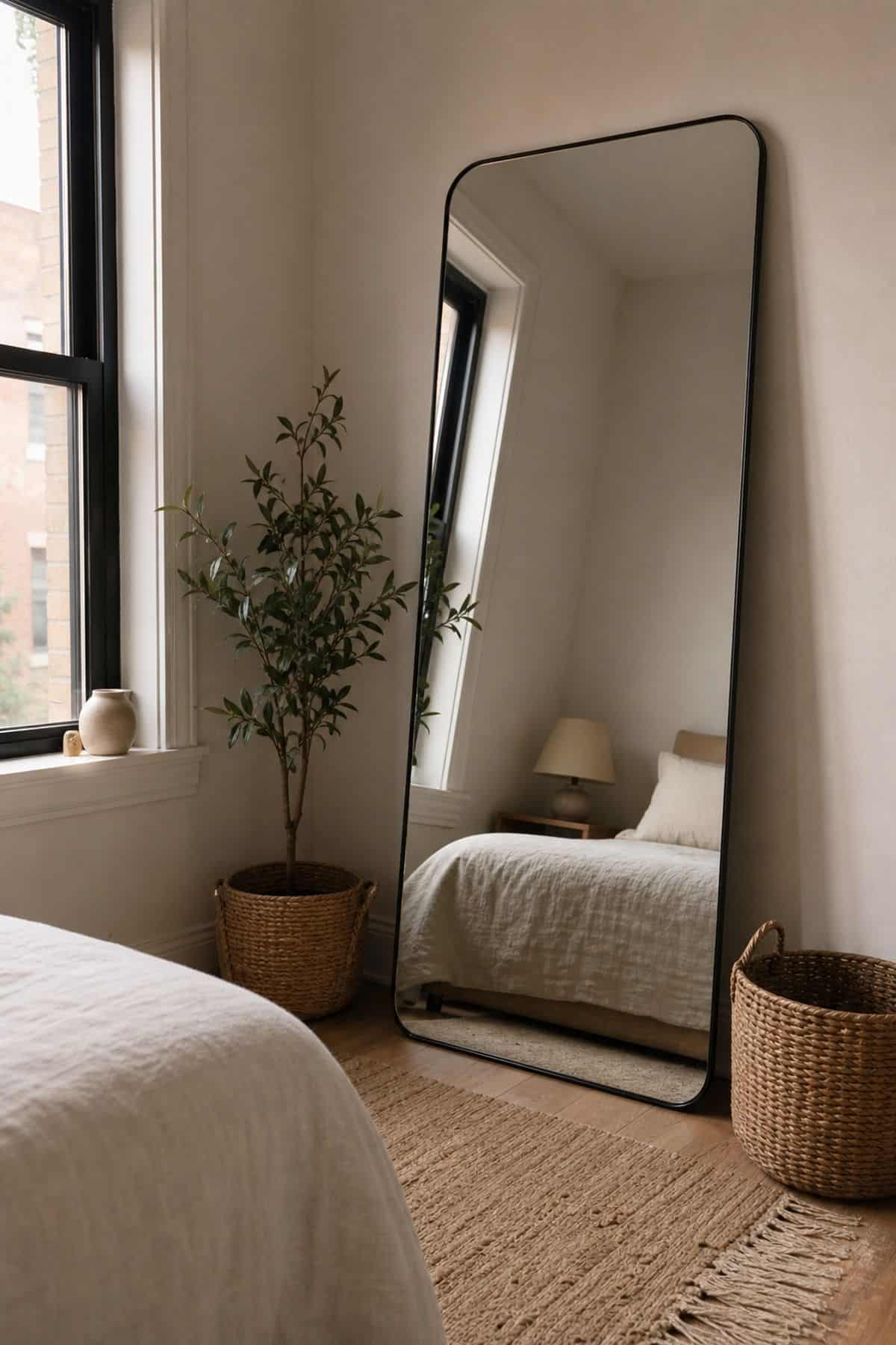 Floor Leaner Drama mirror wall decor idea in a small apartment