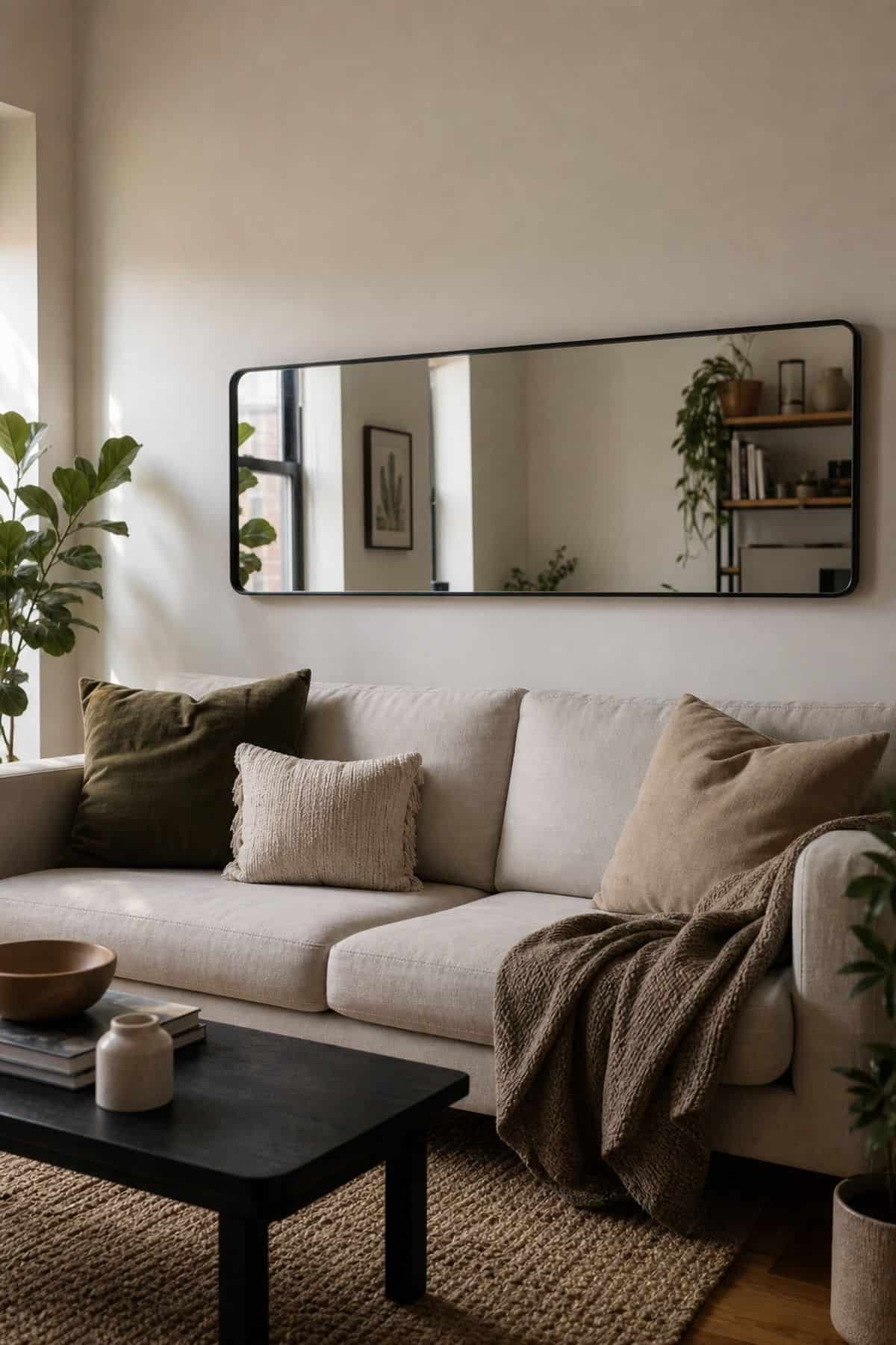 Behind the Sofa mirror wall decor idea in a small apartment