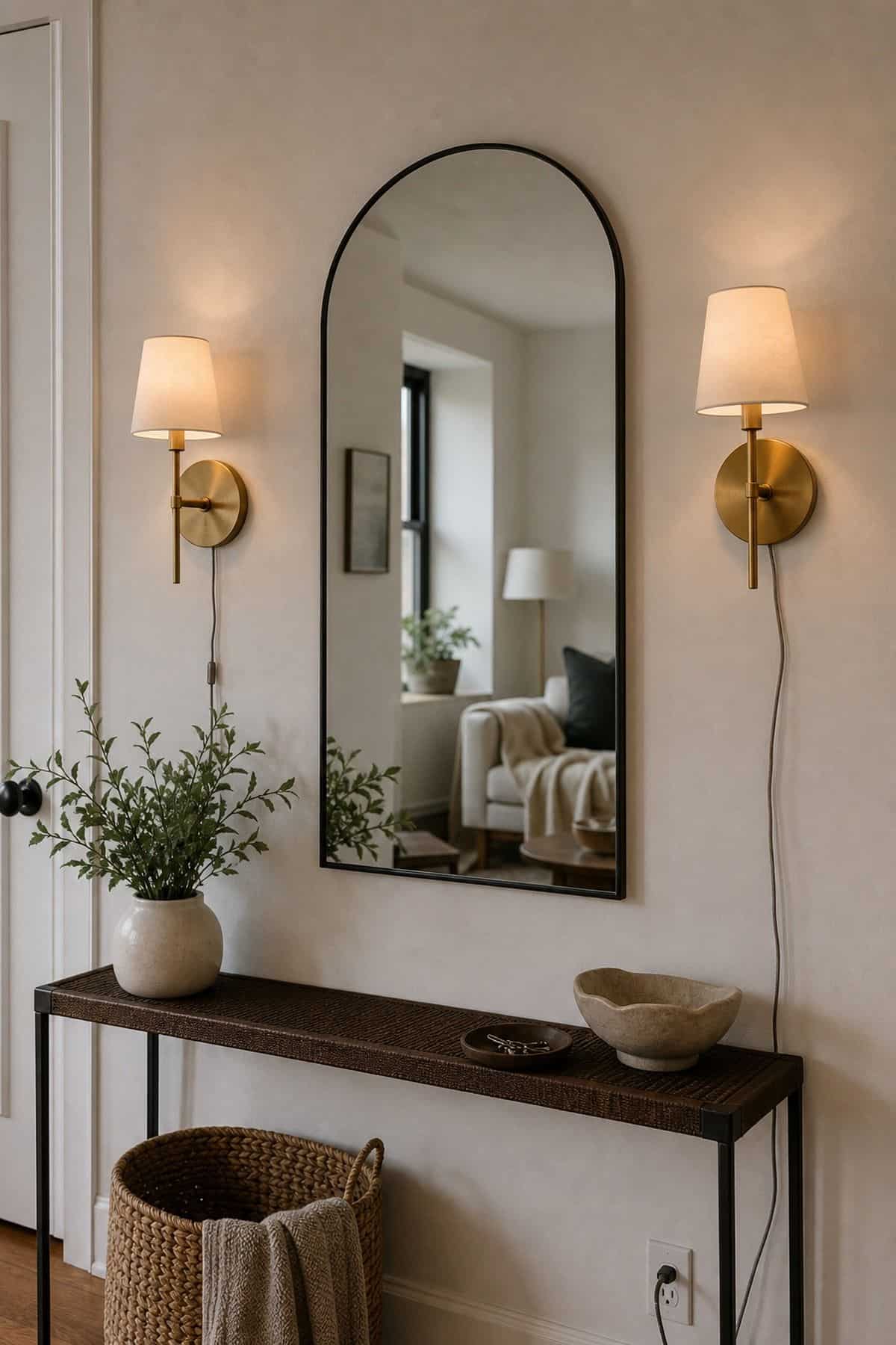Between Wall Sconces mirror wall decor idea in a small apartment