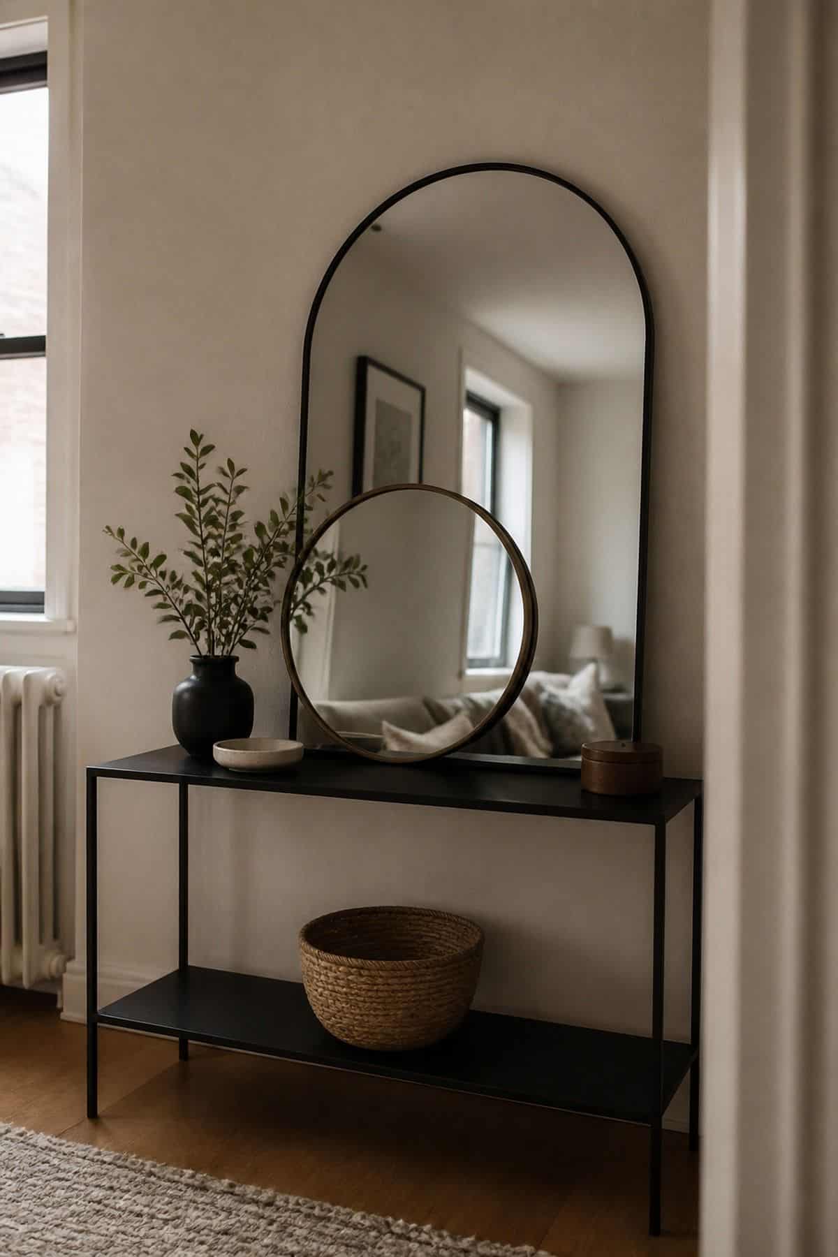 Stacked Or Layered mirror wall decor idea in a small apartment