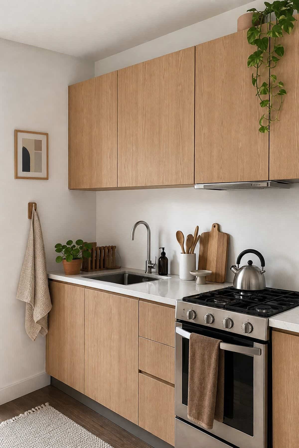 Natural Wood Veneer modern kitchen cabinet design idea