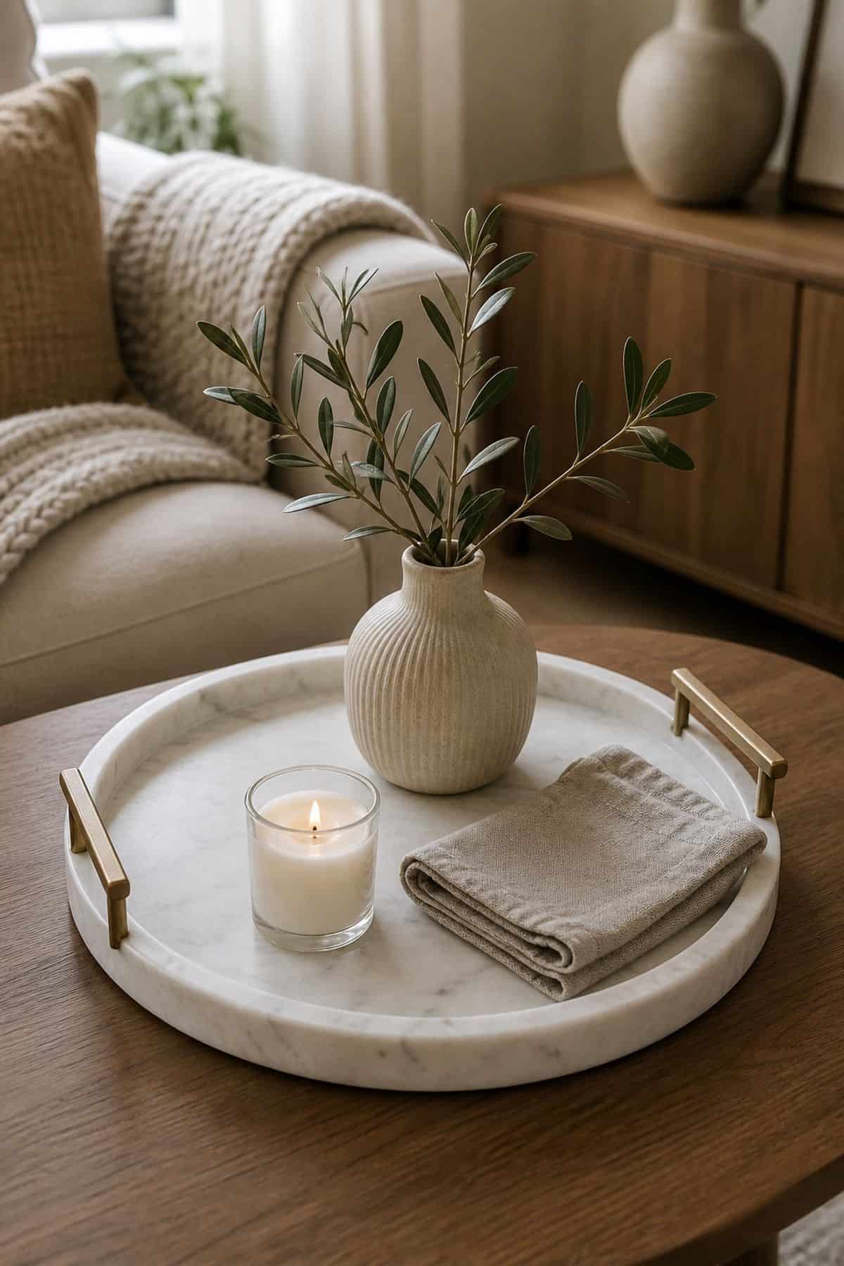 Round Marble Tray with Handles neutral home decor idea