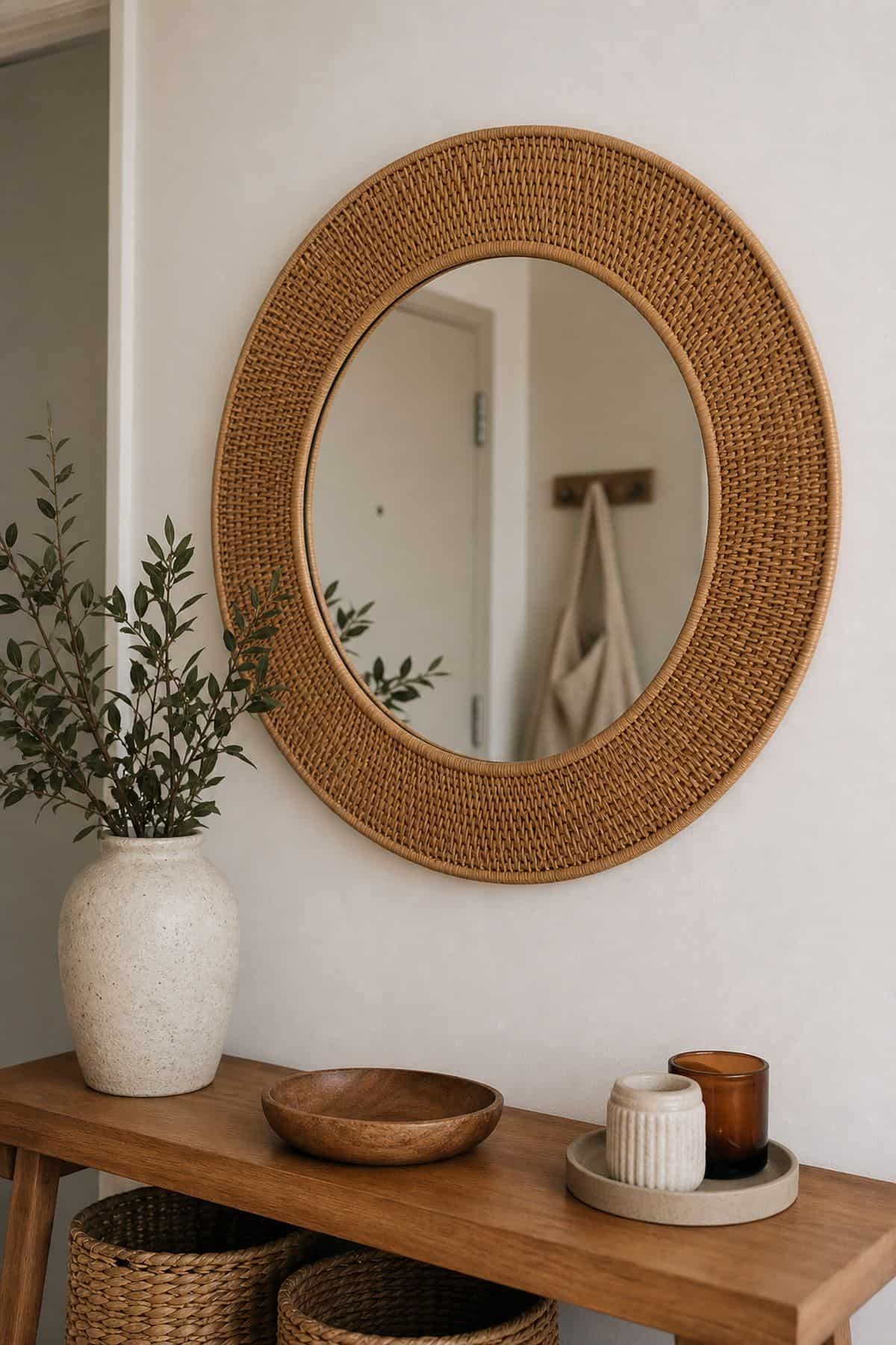 Round Rattan Wall Mirror 24-inch neutral home decor idea
